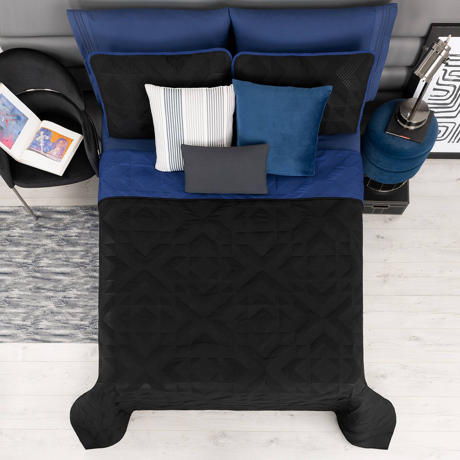 Edredón Ligero Individual Doble Vista con Funda Azul Rey - Negro REAL TEXTIL