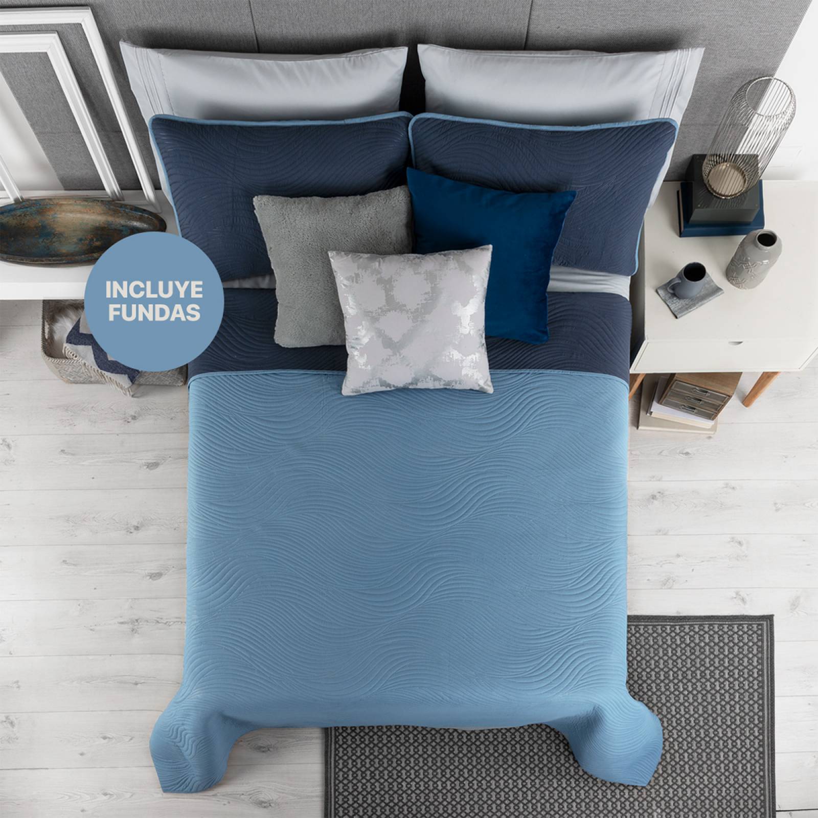 Edredón Ligero Matrimonial Doble Vista con Fundas Azul Marino - Azul REAL TEXTIL