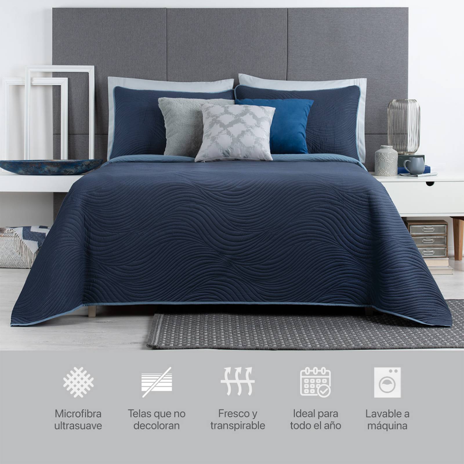 Edredón Ligero Matrimonial Doble Vista con Fundas Azul Marino - Azul REAL TEXTIL