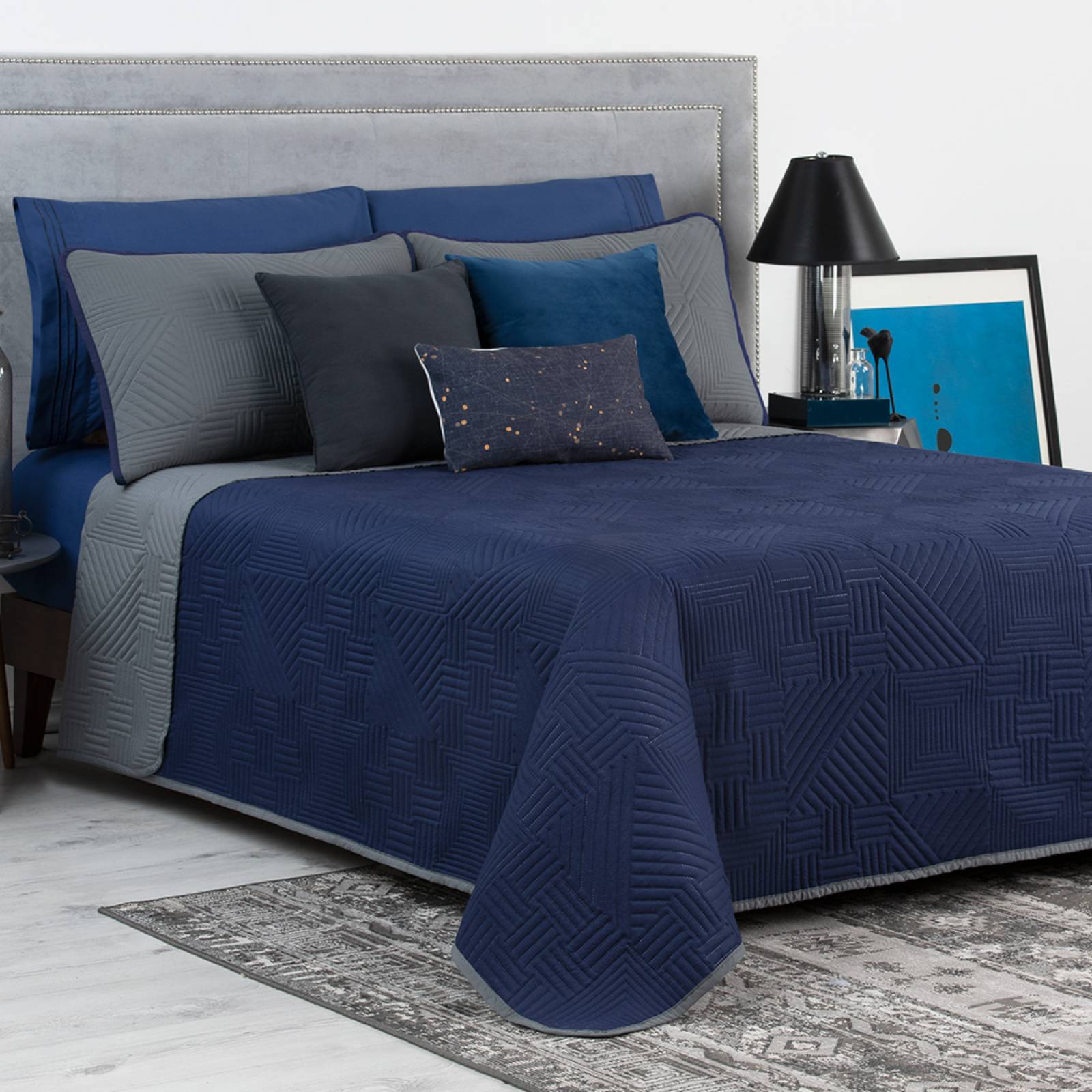 Edredón Ligero Matrimonial Doble Vista con Fundas Azul Marino - Gris Oscuro REAL TEXTIL