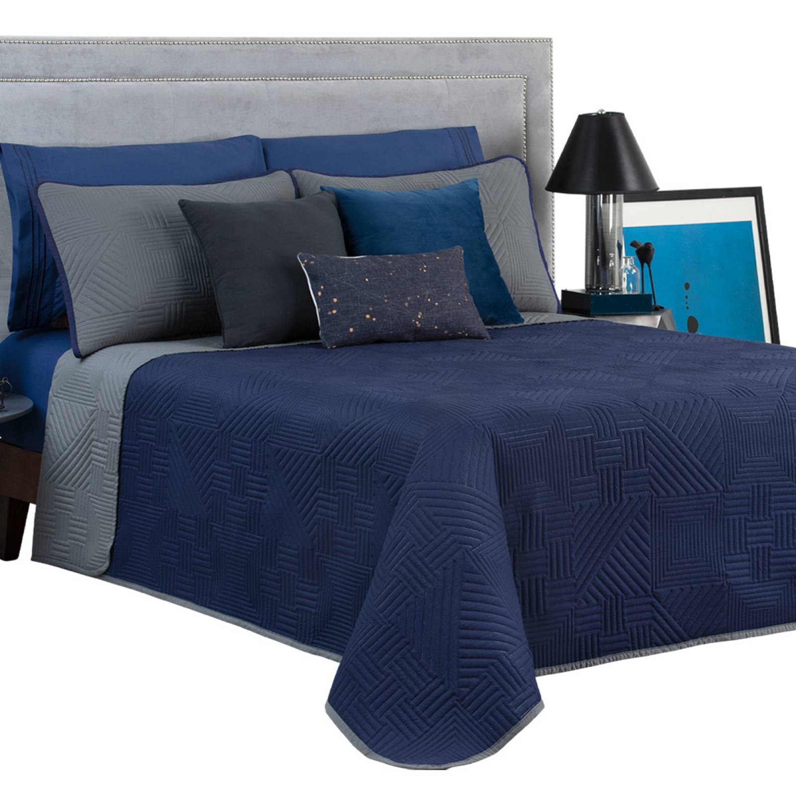 Edredón Ligero Matrimonial Doble Vista con Fundas Azul Marino - Gris Oscuro REAL TEXTIL