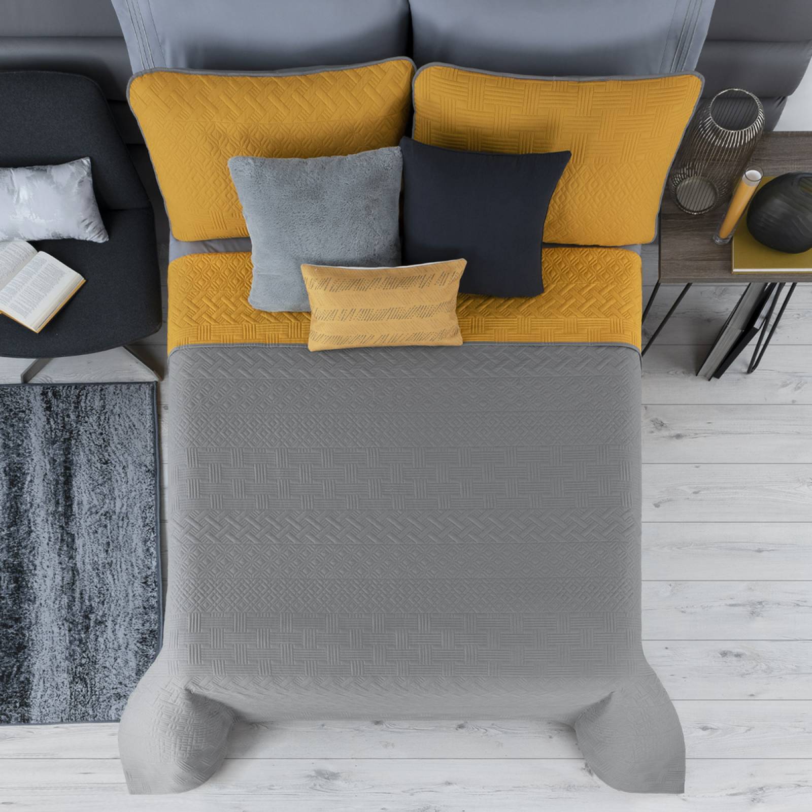 Edredón Ligero Matrimonial Doble Vista con Fundas Mostaza - Gris REAL TEXTIL.