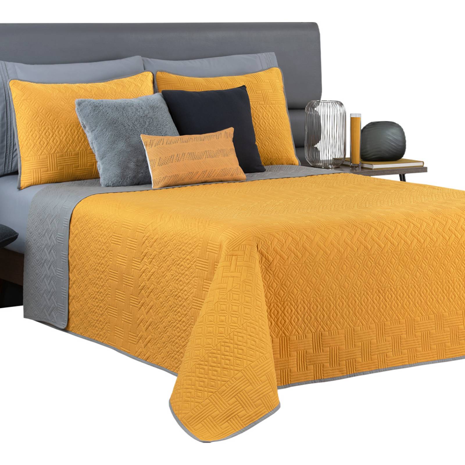 Edredón Ligero Matrimonial Doble Vista con Fundas Mostaza - Gris REAL TEXTIL.