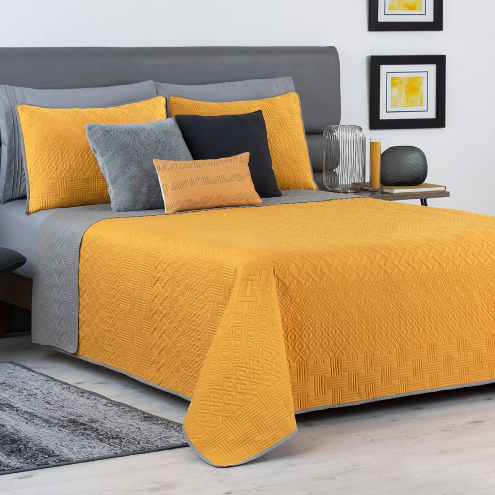 Edredón Ligero Matrimonial Doble Vista con Fundas Mostaza - Gris REAL TEXTIL.