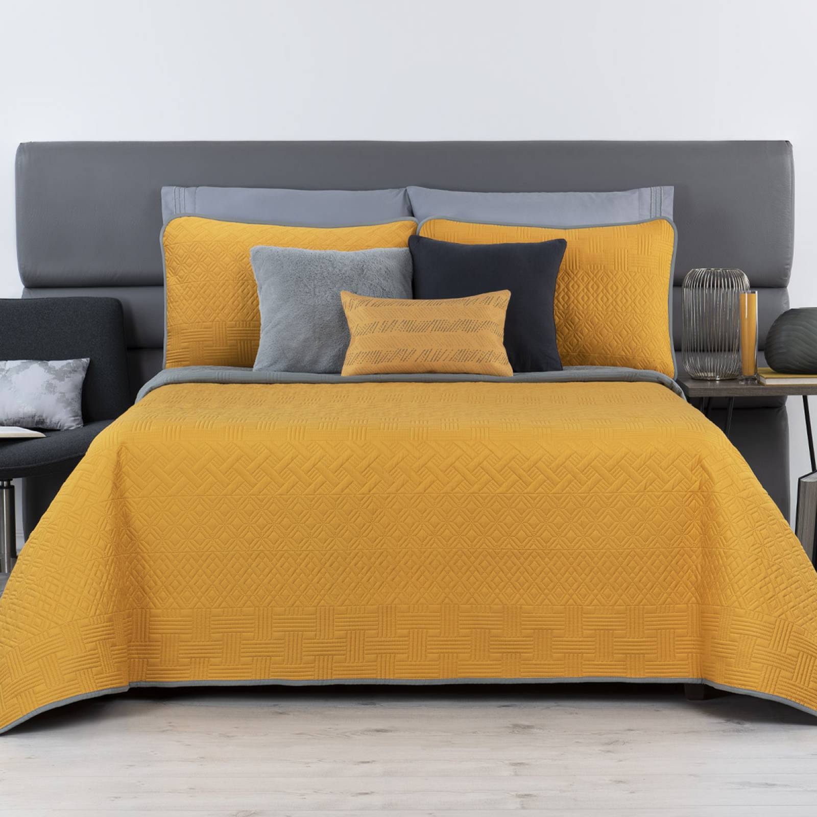 Edredón Ligero Matrimonial Doble Vista con Fundas Mostaza - Gris REAL TEXTIL.