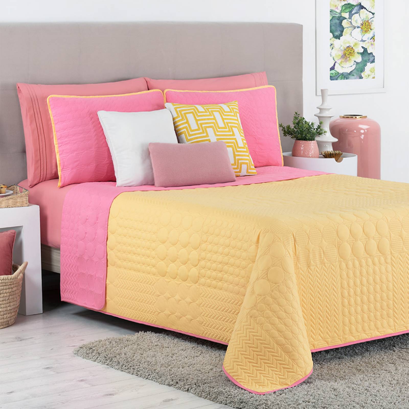 Edredón Ligero Matrimonial Doble Vista con Fundas Amarillo - Rosa REAL TEXTIL