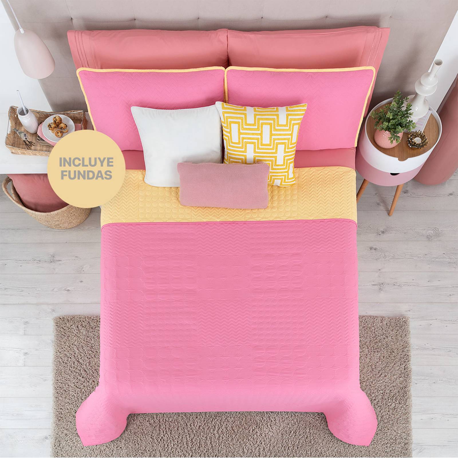 Edredón Ligero Matrimonial Doble Vista con Fundas Amarillo - Rosa REAL TEXTIL