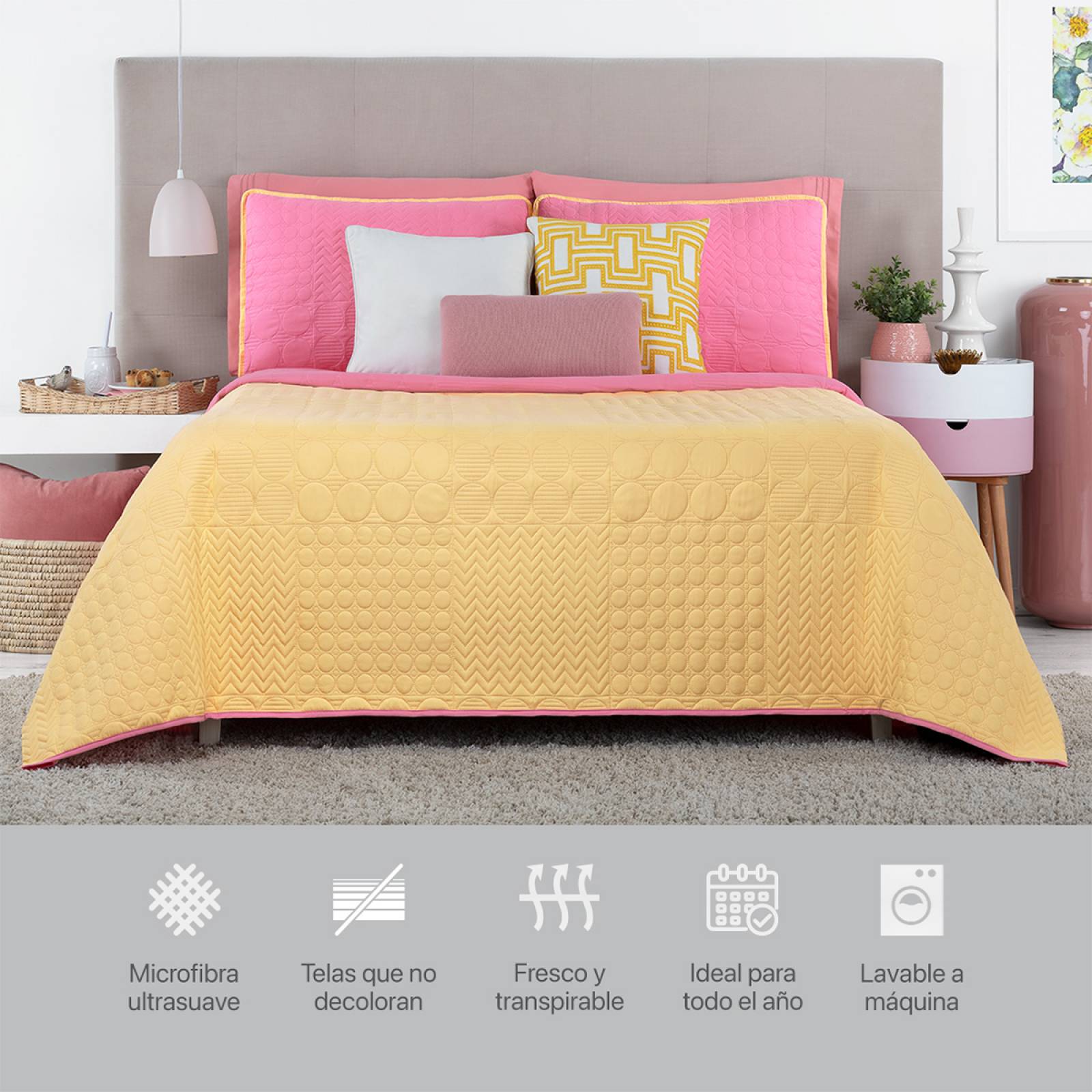 Edredón Ligero Matrimonial Doble Vista con Fundas Amarillo - Rosa REAL TEXTIL