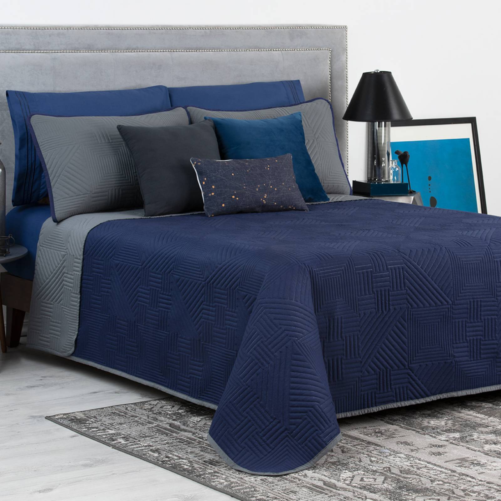 Edredón 2 plazas o cama 90, 105 cm SILVER rayas azules y grises