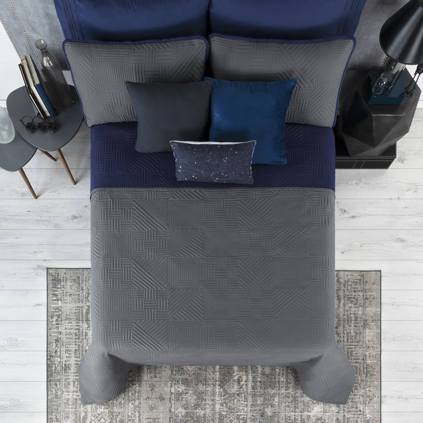 Edredón Ligero King Size Doble Vista con Fundas Azul Marino - Gris Oscuro REAL TEXTIL