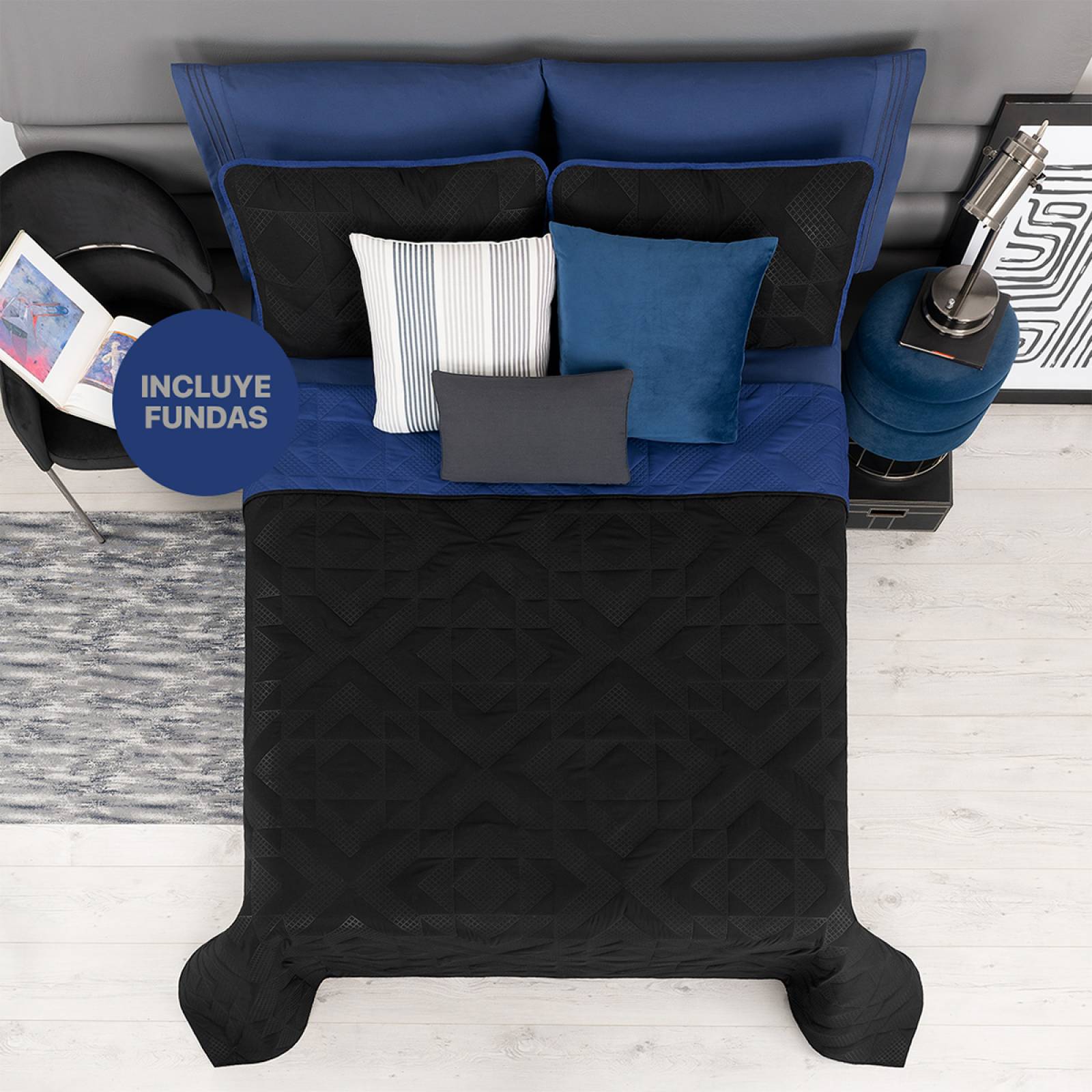 Edredón Ligero King Size Doble Vista con Fundas Azul Rey - Negro REAL TEXTIL