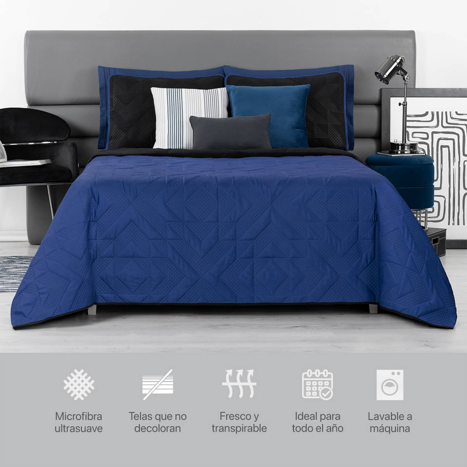 Edredón Ligero King Size Doble Vista con Fundas Azul Rey - Negro REAL TEXTIL