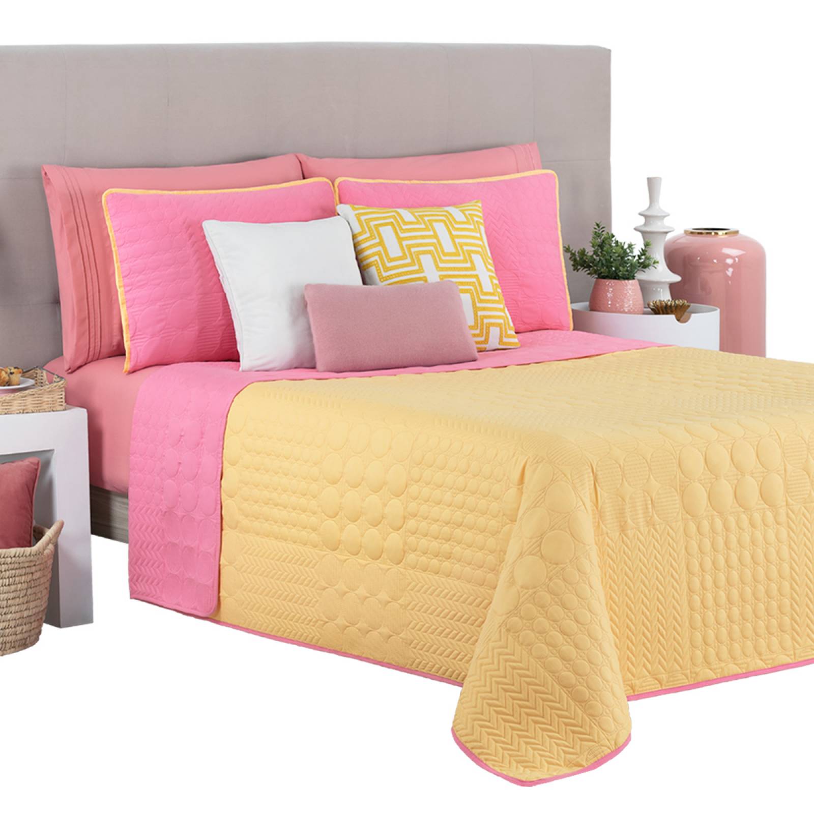 Edredón Ligero King Size Doble Vista con Fundas Amarillo - Rosa REAL TEXTIL