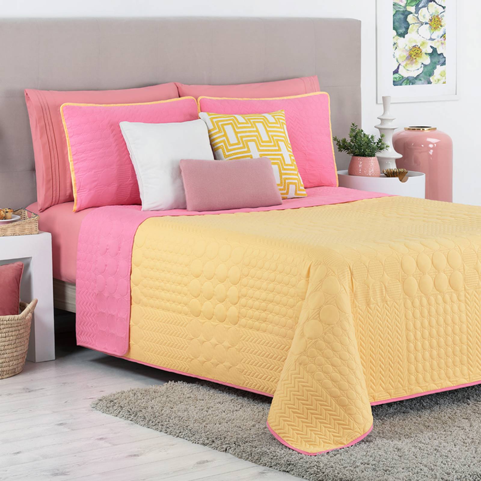 Edredón Ligero King Size Doble Vista con Fundas Amarillo - Rosa REAL TEXTIL