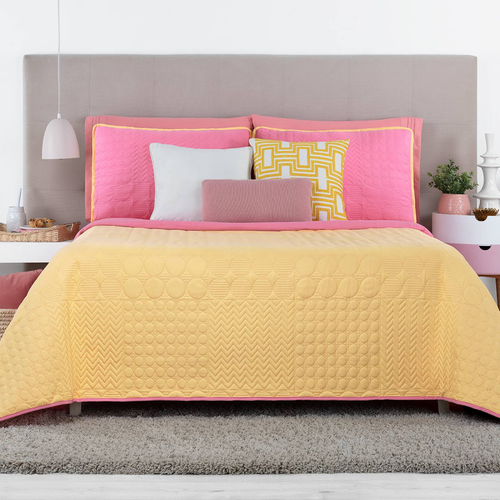 Edredón Ligero King Size Doble Vista con Fundas Amarillo - Rosa REAL TEXTIL