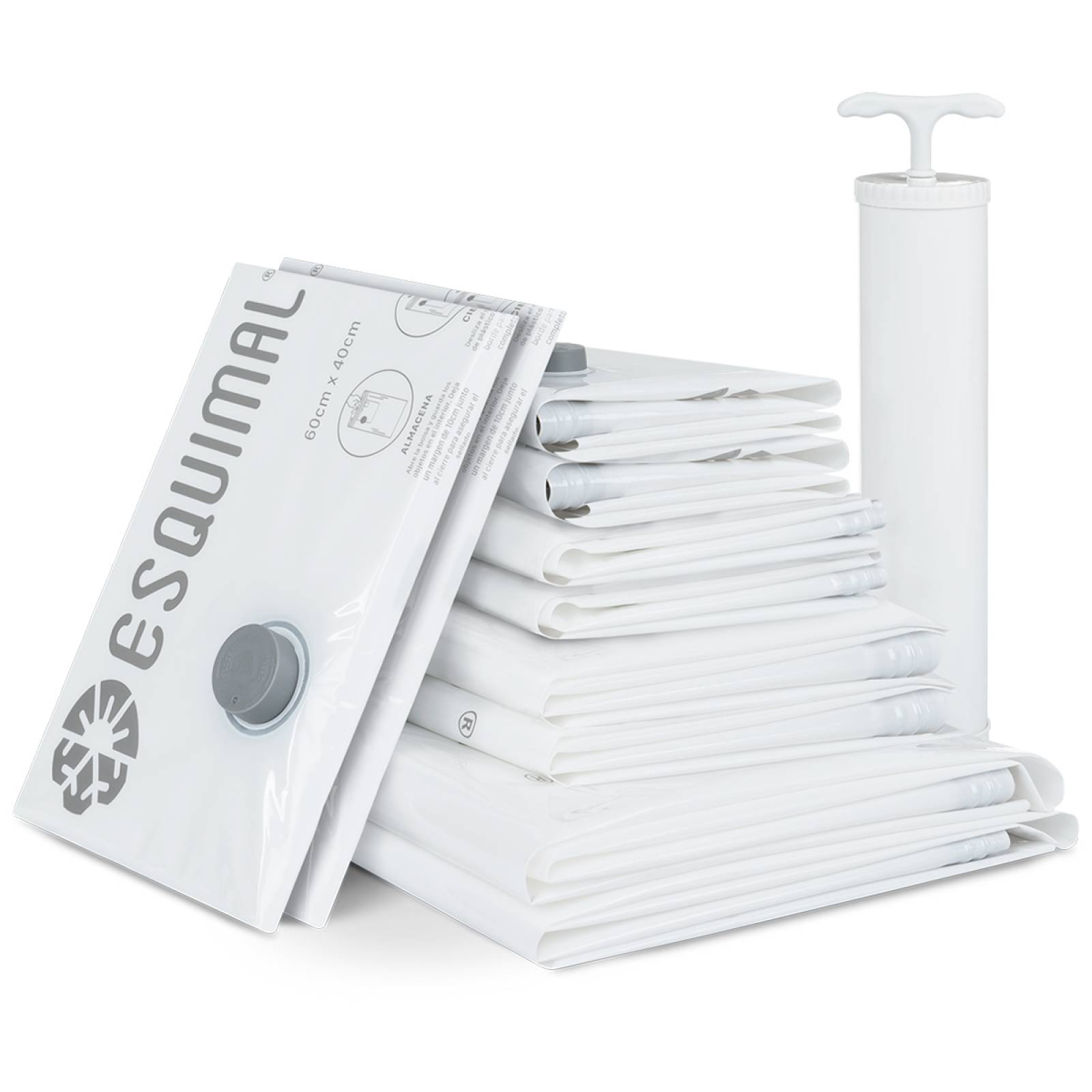 Bolsas de Almacenamiento al Vacío Set de 10 (Mixto) con Bomba de Aire - Reutilizables - Bolsas de Compresión para Empacar Ropa, Guardar Edredones, Cobertores ESQUIMAL.