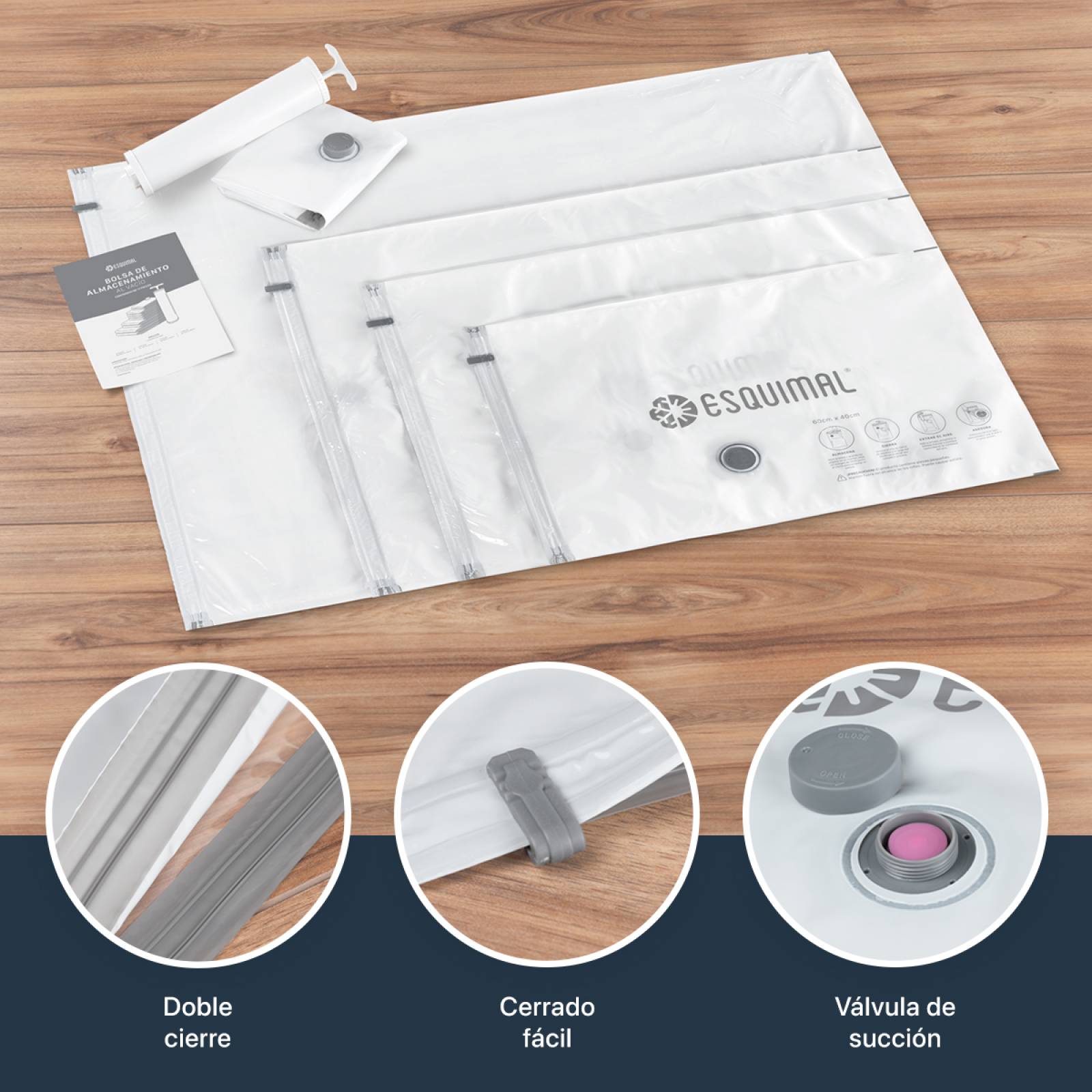 Bolsas de Almacenamiento al Vacío Set de 10 (Mixto) con Bomba de Aire - Reutilizables - Bolsas de Compresión para Empacar Ropa, Guardar Edredones, Cobertores ESQUIMAL.