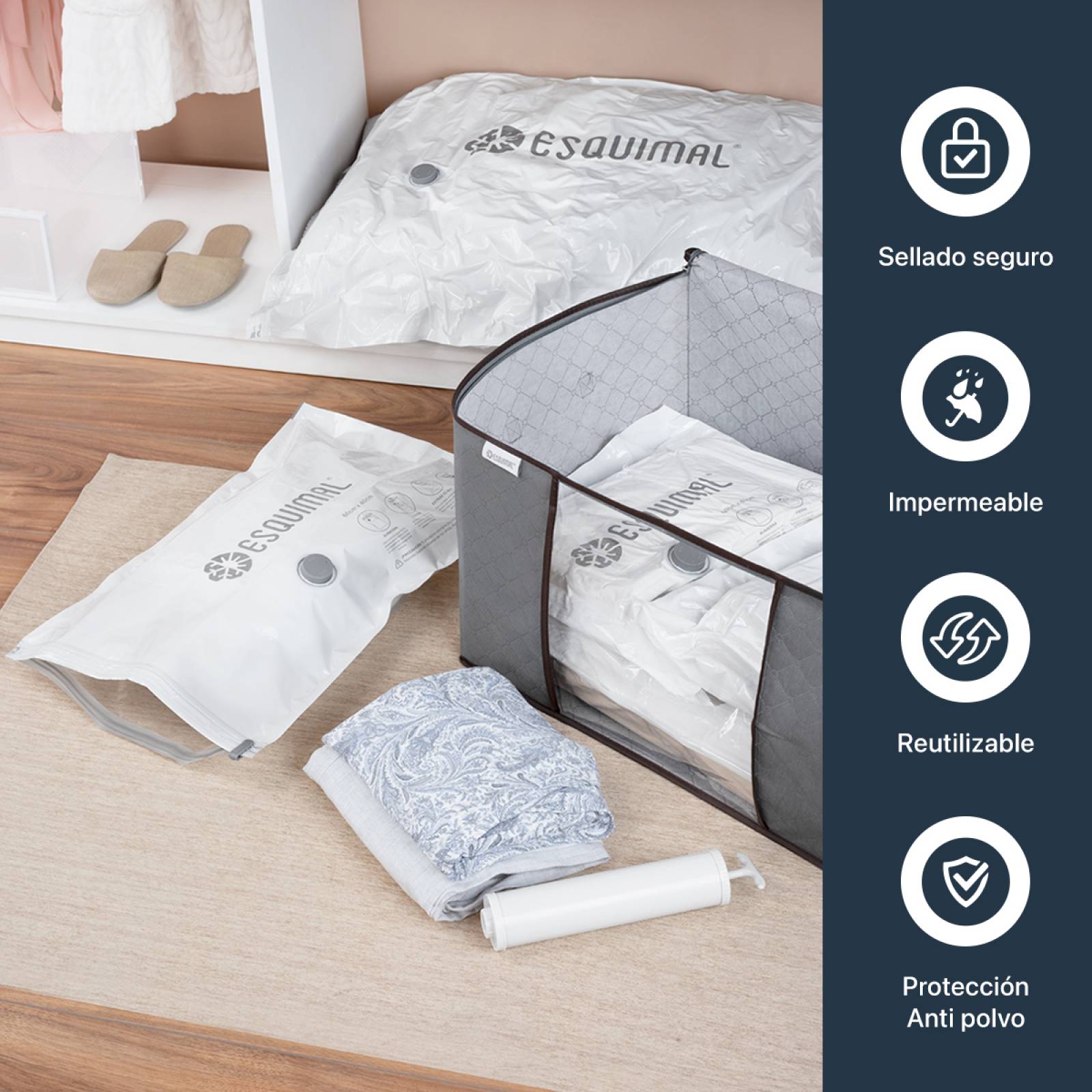 Bolsas de Almacenamiento al Vacío Set de 10 (Mixto) con Bomba de Aire - Reutilizables - Bolsas de Compresión para Empacar Ropa, Guardar Edredones, Cobertores ESQUIMAL.