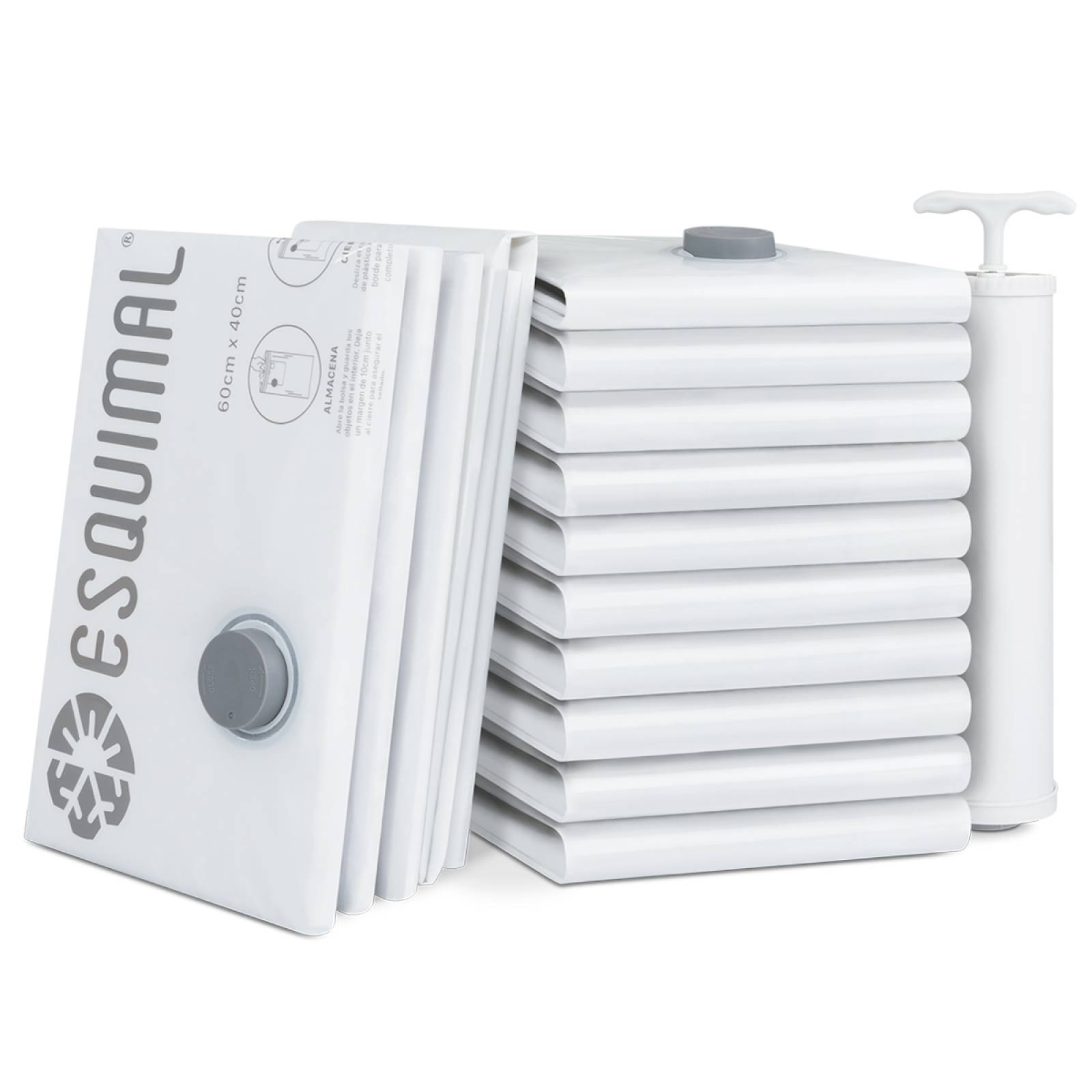 Bolsas de Almacenamiento al Vacío Set de 15 (60x40) con Bomba de Aire - Reutilizables - Bolsas de Compresión para Empacar Ropa, Guardar Edredones, Cobertores ESQUIMAL.
