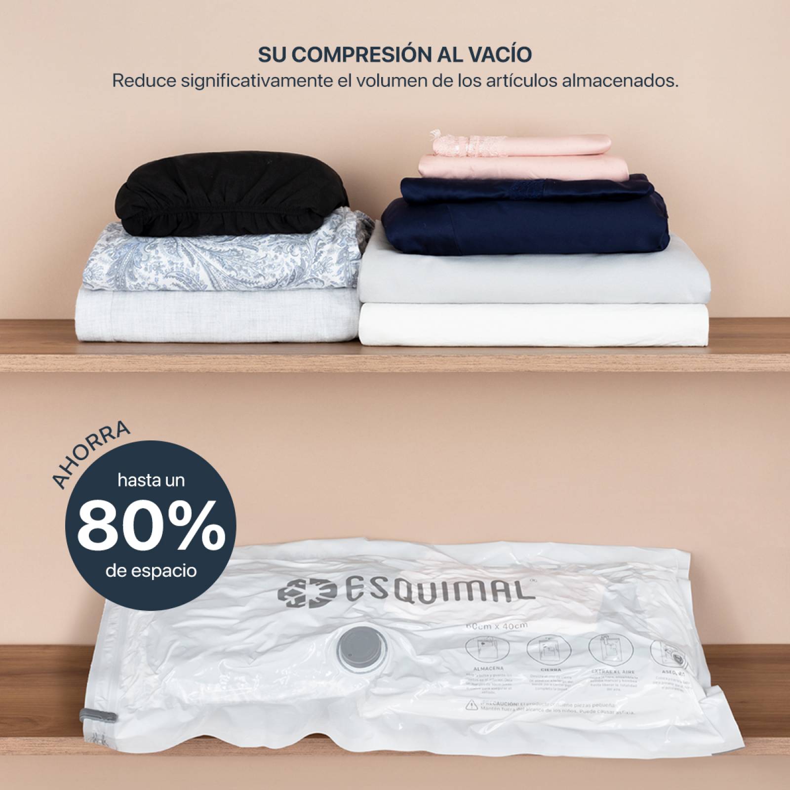 Bolsas de Almacenamiento al Vacío Set de 15 (60x40) con Bomba de Aire - Reutilizables - Bolsas de Compresión para Empacar Ropa, Guardar Edredones, Cobertores ESQUIMAL.