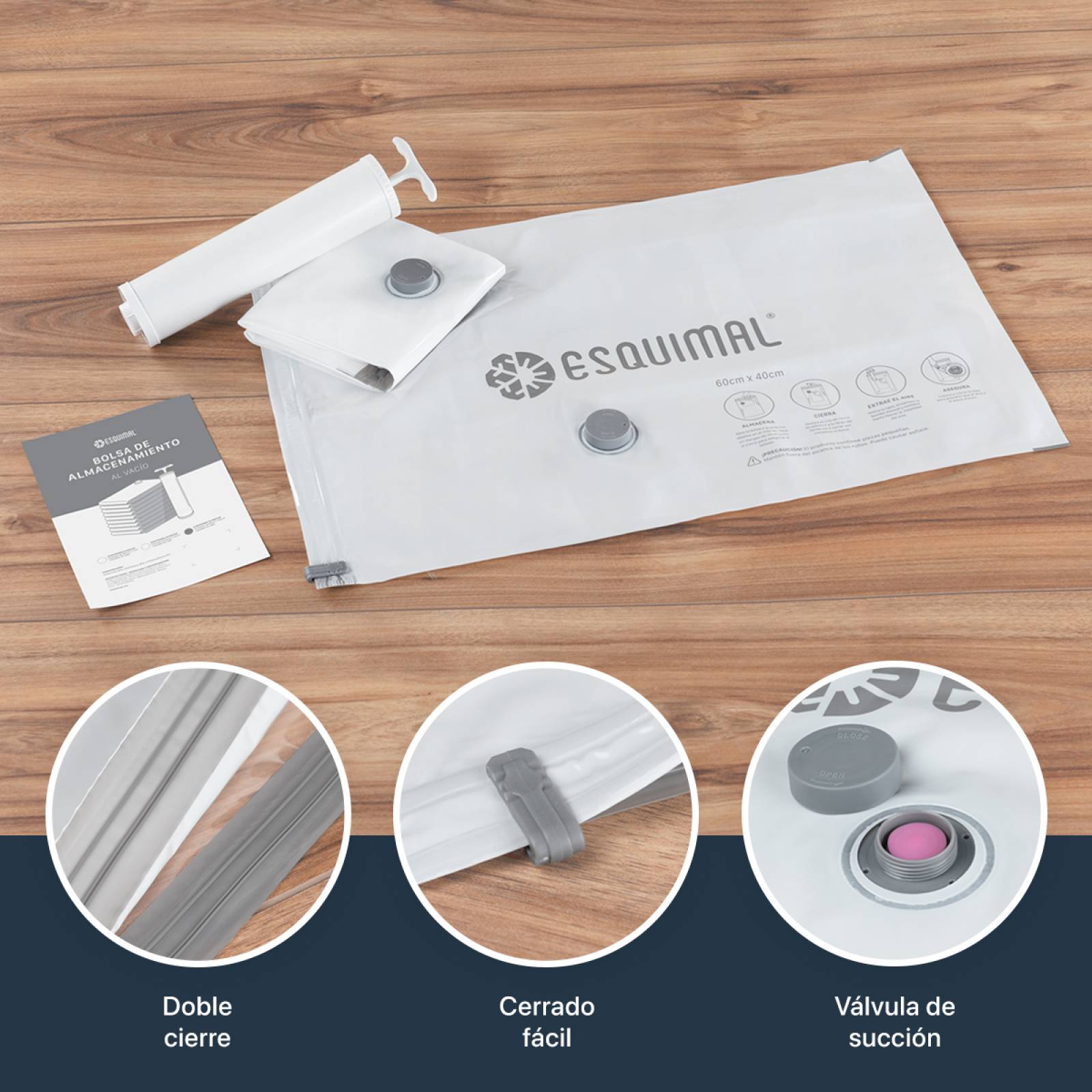 Bolsas de Almacenamiento al Vacío Set de 15 (60x40) con Bomba de Aire - Reutilizables - Bolsas de Compresión para Empacar Ropa, Guardar Edredones, Cobertores ESQUIMAL.