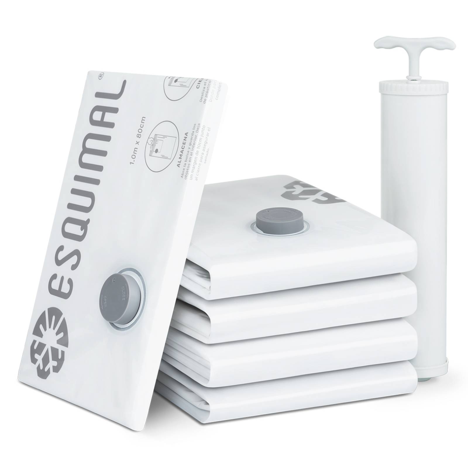 Bolsas de Almacenamiento al Vacío Set de 6 (100x80) con Bomba de Aire - Reutilizables - Bolsas de Compresión para Empacar Ropa, Guardar Edredones, Cobertores ESQUIMAL.