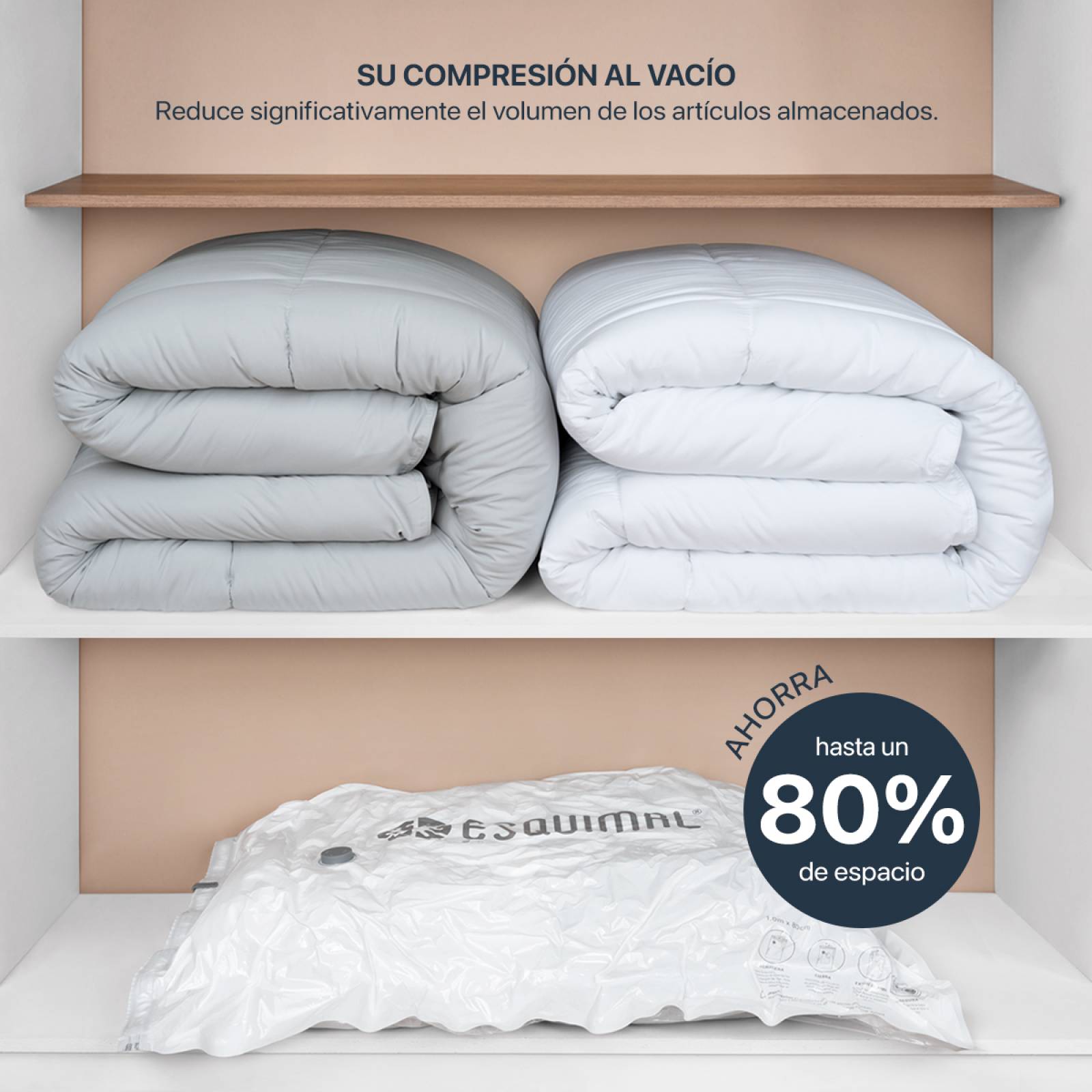 Bolsas de Almacenamiento al Vacío Set de 6 (100x80) con Bomba de Aire - Reutilizables - Bolsas de Compresión para Empacar Ropa, Guardar Edredones, Cobertores ESQUIMAL.