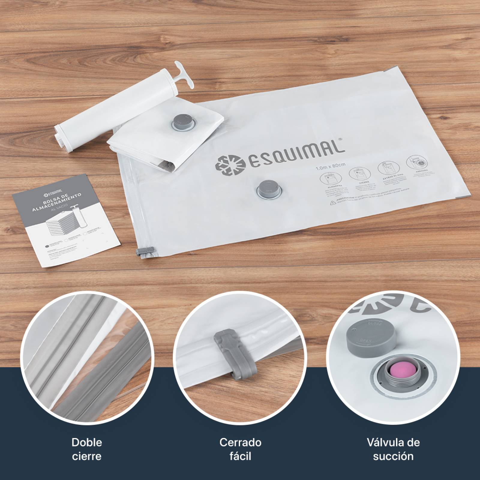 Bolsas de Almacenamiento al Vacío Set de 6 (100x80) con Bomba de Aire - Reutilizables - Bolsas de Compresión para Empacar Ropa, Guardar Edredones, Cobertores ESQUIMAL.