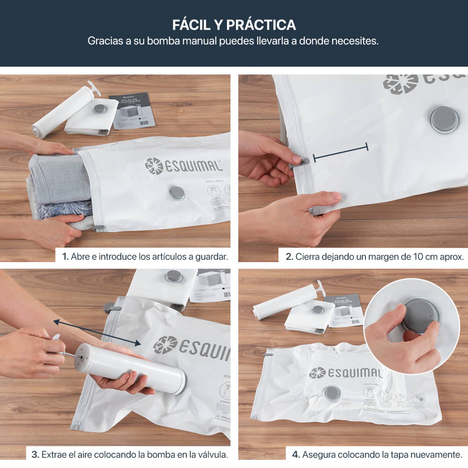Bolsas de Almacenamiento al Vacío Set de 10 (60x40) con Bomba de Aire - Reutilizables - Bolsas de Compresión para Empacar Ropa, Guardar Edredones, Cobertores ESQUIMAL.