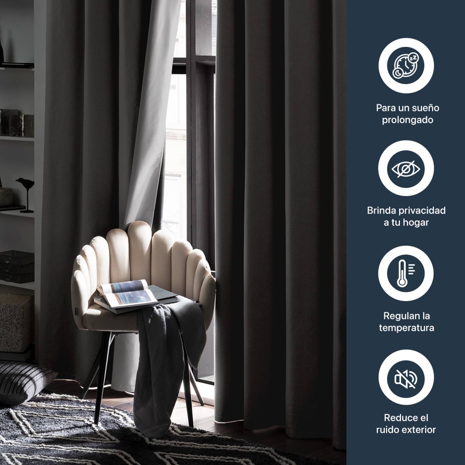 Cortinas 100% Blackout con Textura Lino 2.80x2.20m Gris oscuro ESQUIMAL