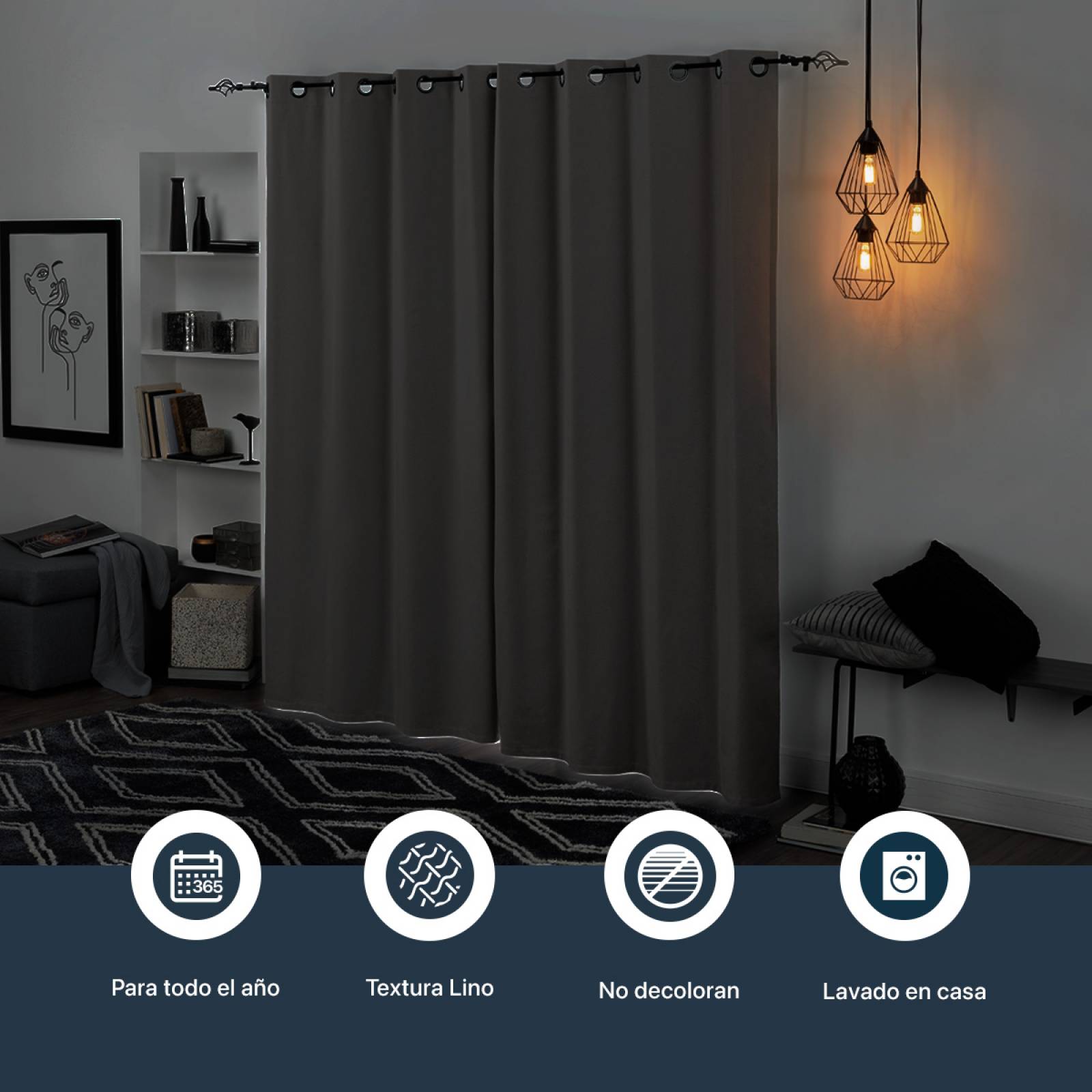 Cortinas 100% Blackout con Textura Lino 2.80x2.20m Gris oscuro ESQUIMAL