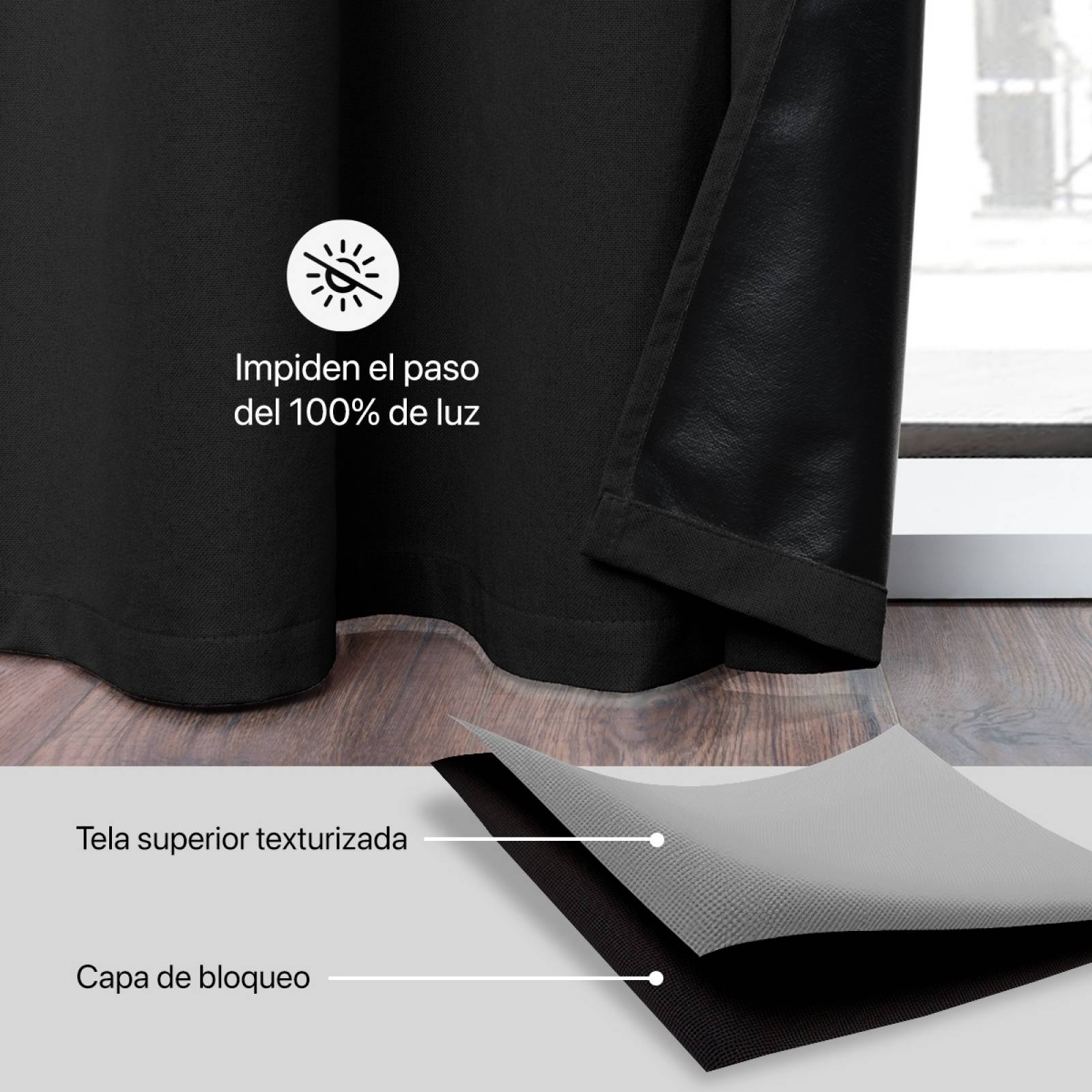 Cortinas 100% Blackout Textura Lino 2.80x2.20m Negro ESQUIMAL
