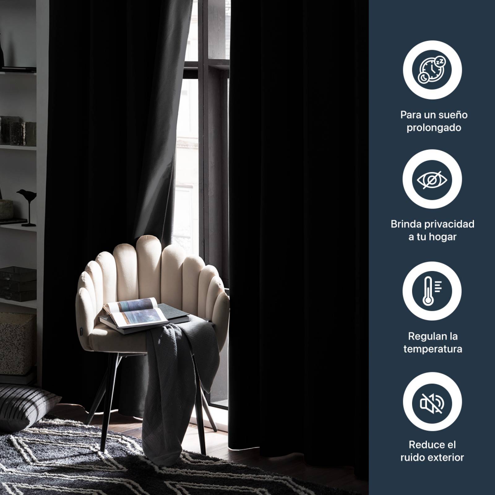 Cortinas 100% Blackout Textura Lino 2.80x2.20m Negro ESQUIMAL