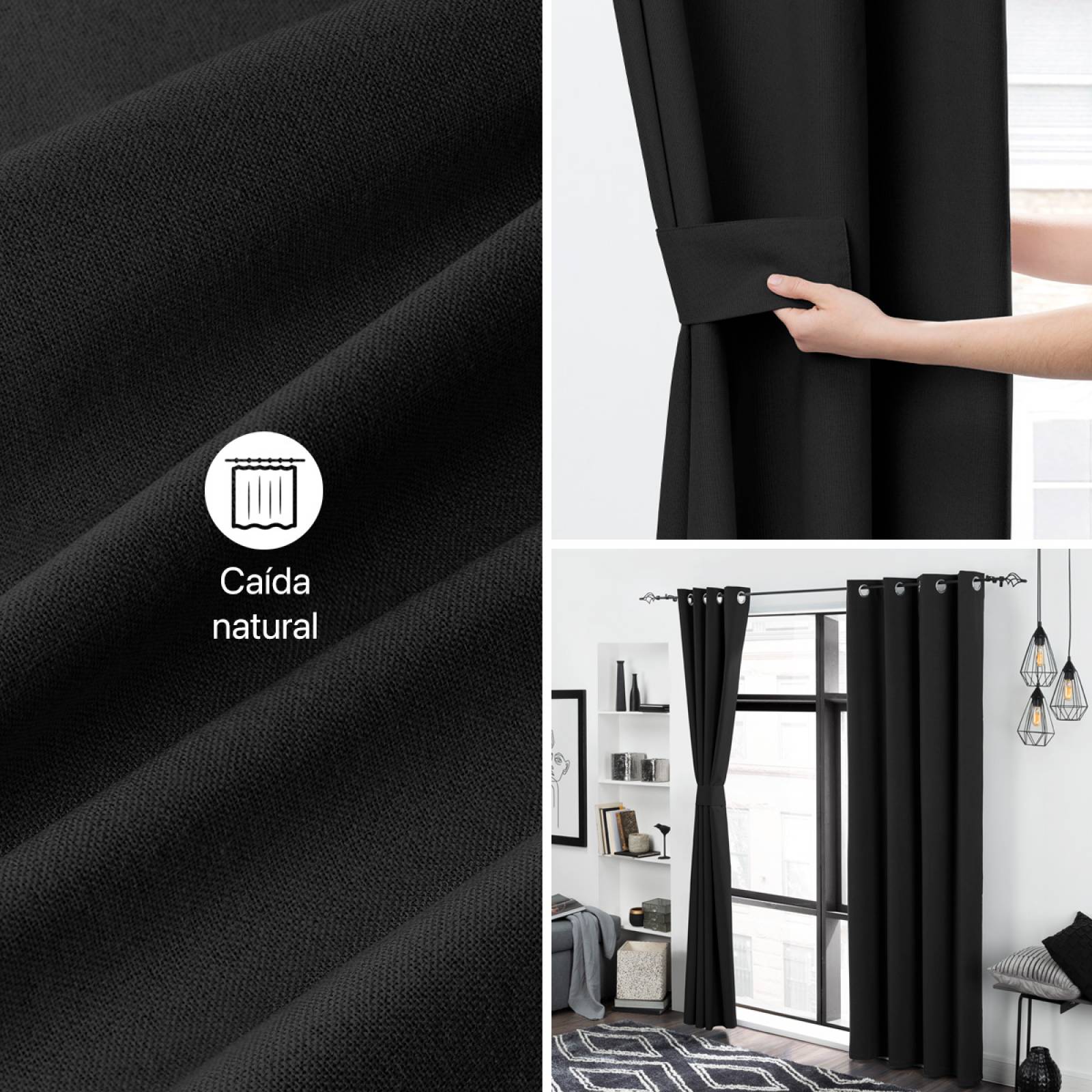 Cortinas 100% Blackout Textura Lino 2.80x2.20m Negro ESQUIMAL