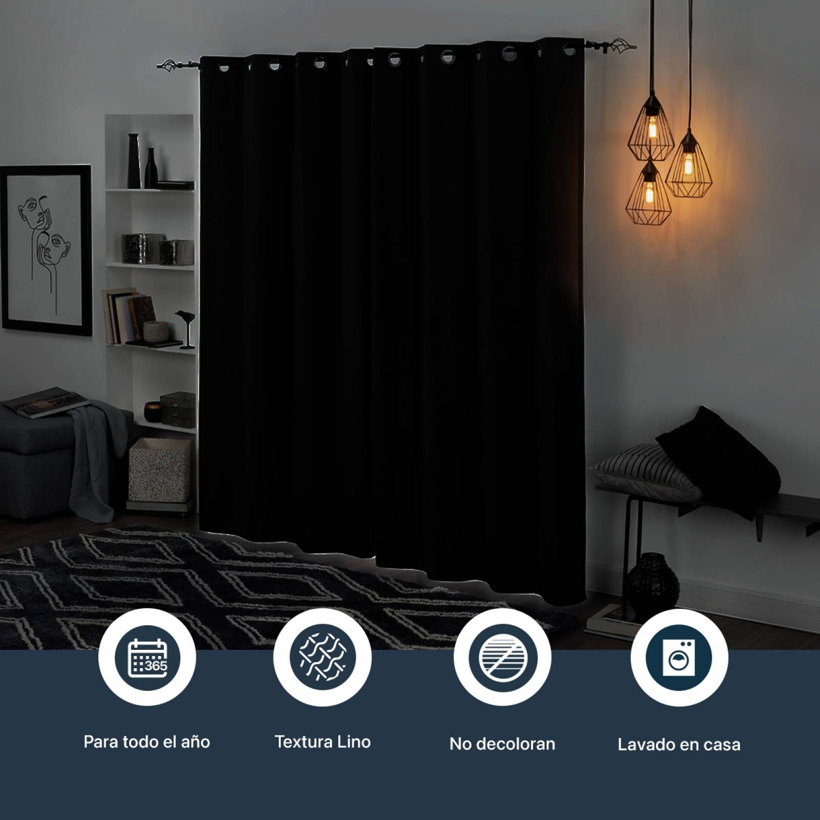 Cortinas 100% Blackout Textura Lino 2.80x2.20m Negro ESQUIMAL