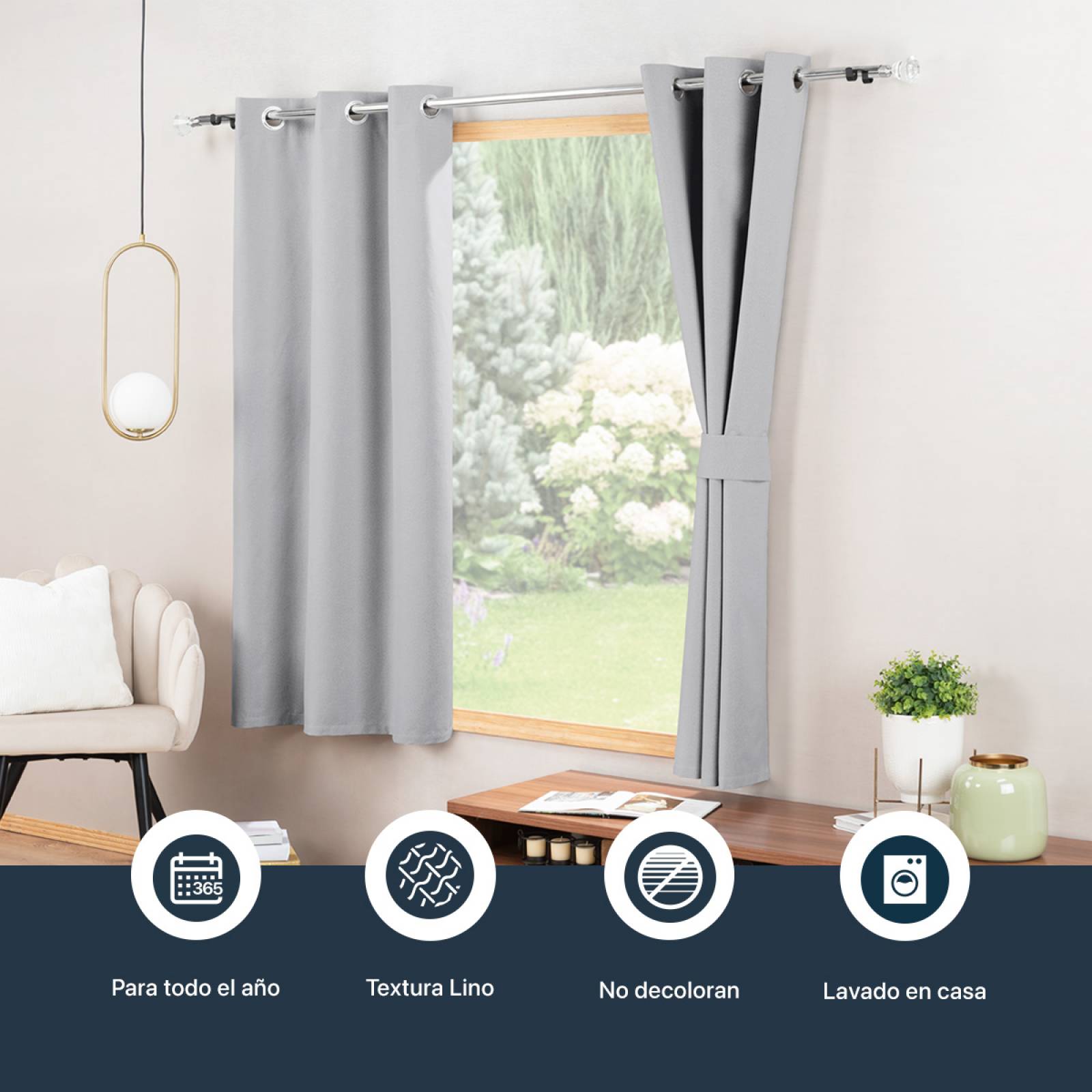 Cortinas 100% Blackout con Textura Lino 2.14x1.60m Gris claro ESQUIMAL.