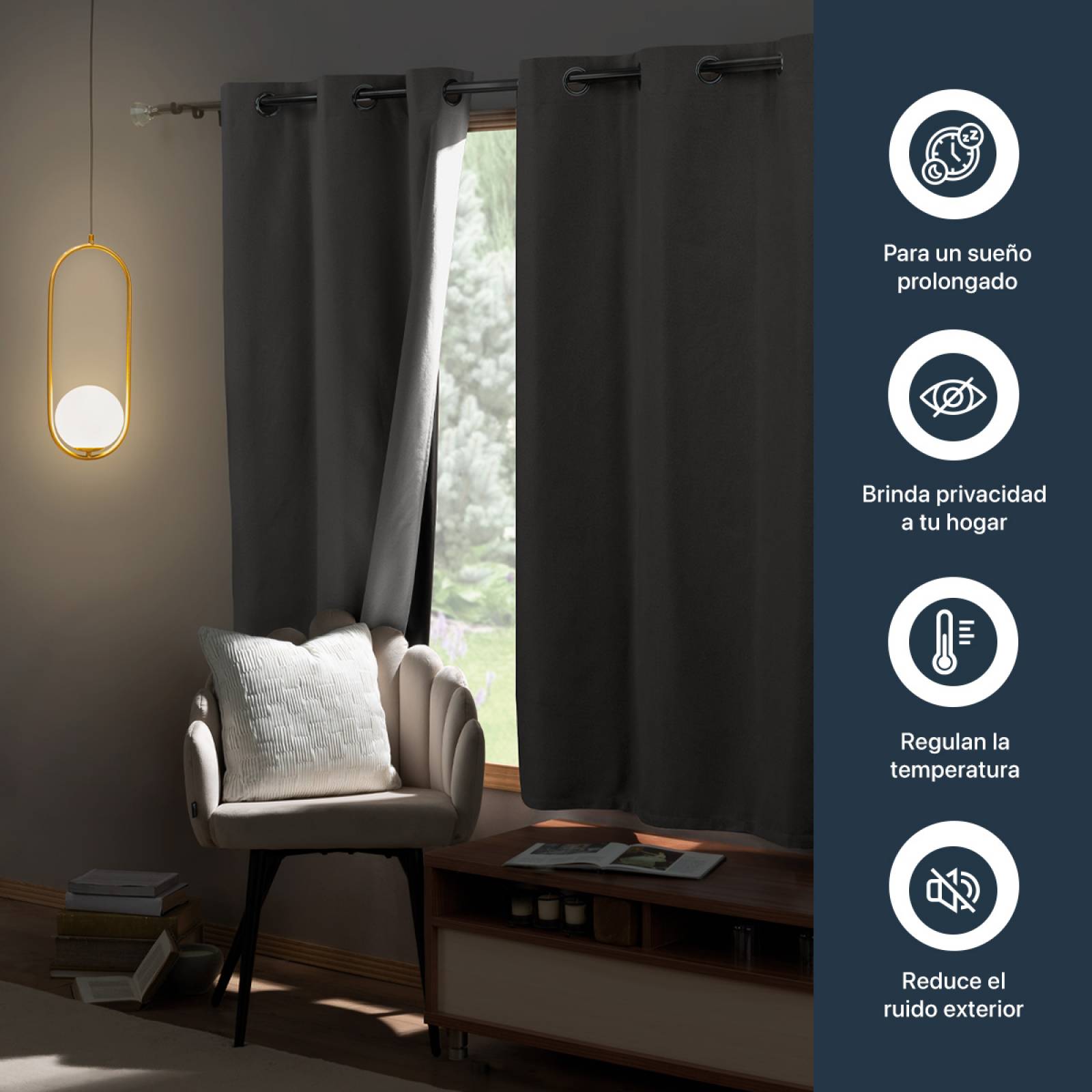 Cortinas 100% Blackout con Textura Lino 2.14x1.60m Gris oscuro ESQUIMAL