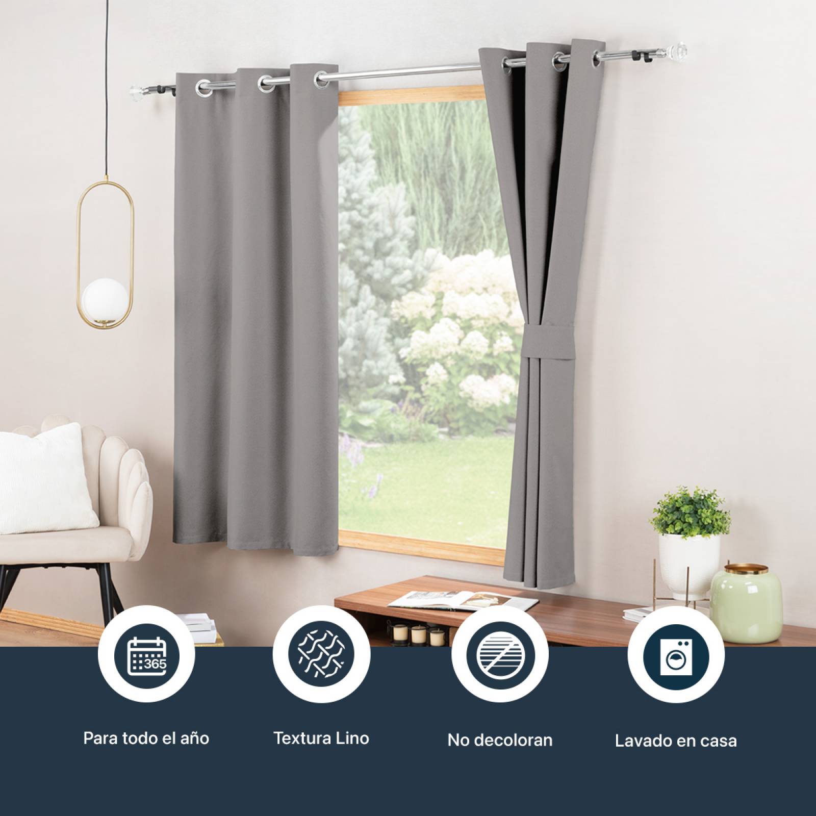 Cortinas 100% Blackout con Textura Lino 2.14x1.60m Gris oscuro ESQUIMAL