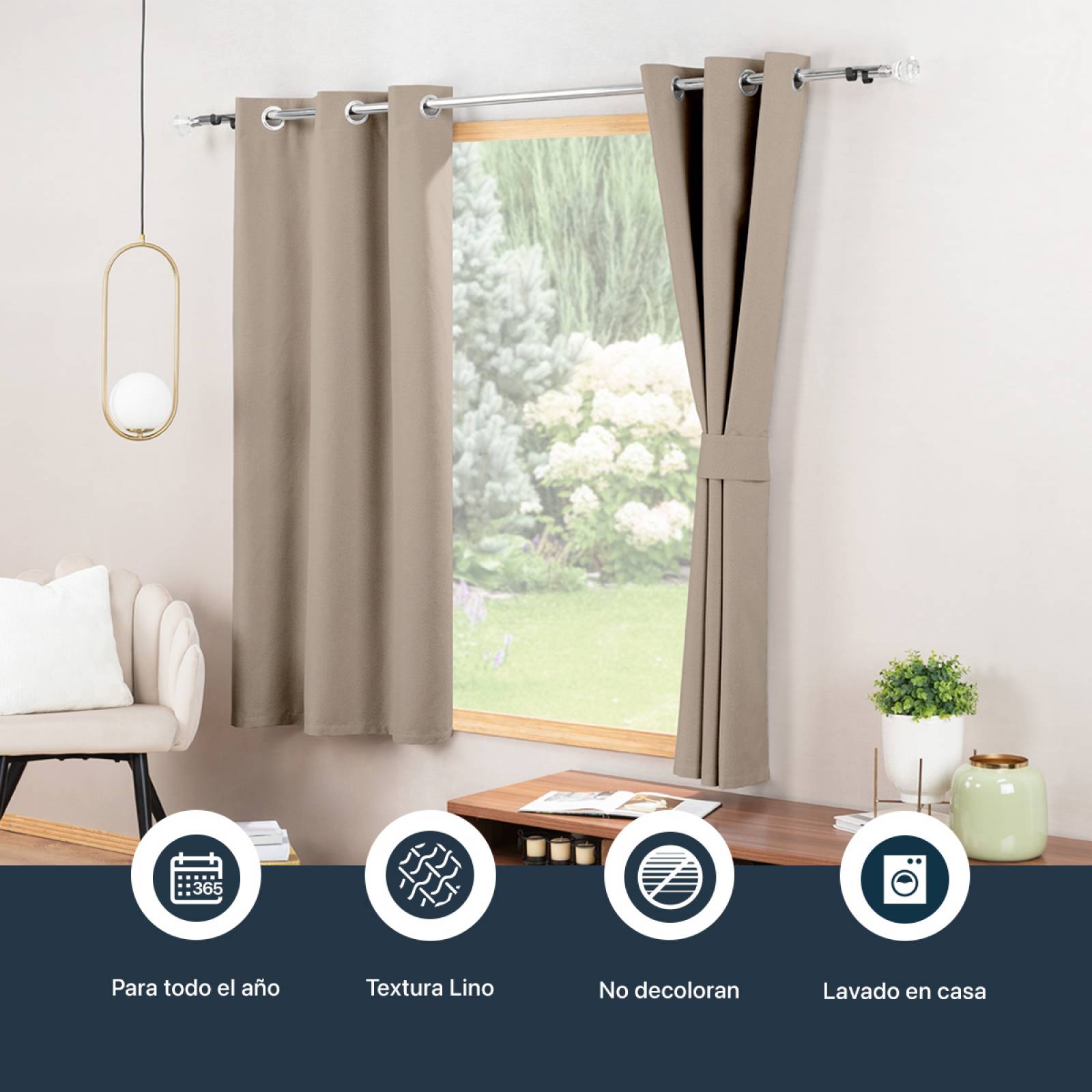 Cortinas 100% Blackout con Textura Lino 2.14x1.60m Café ESQUIMAL.