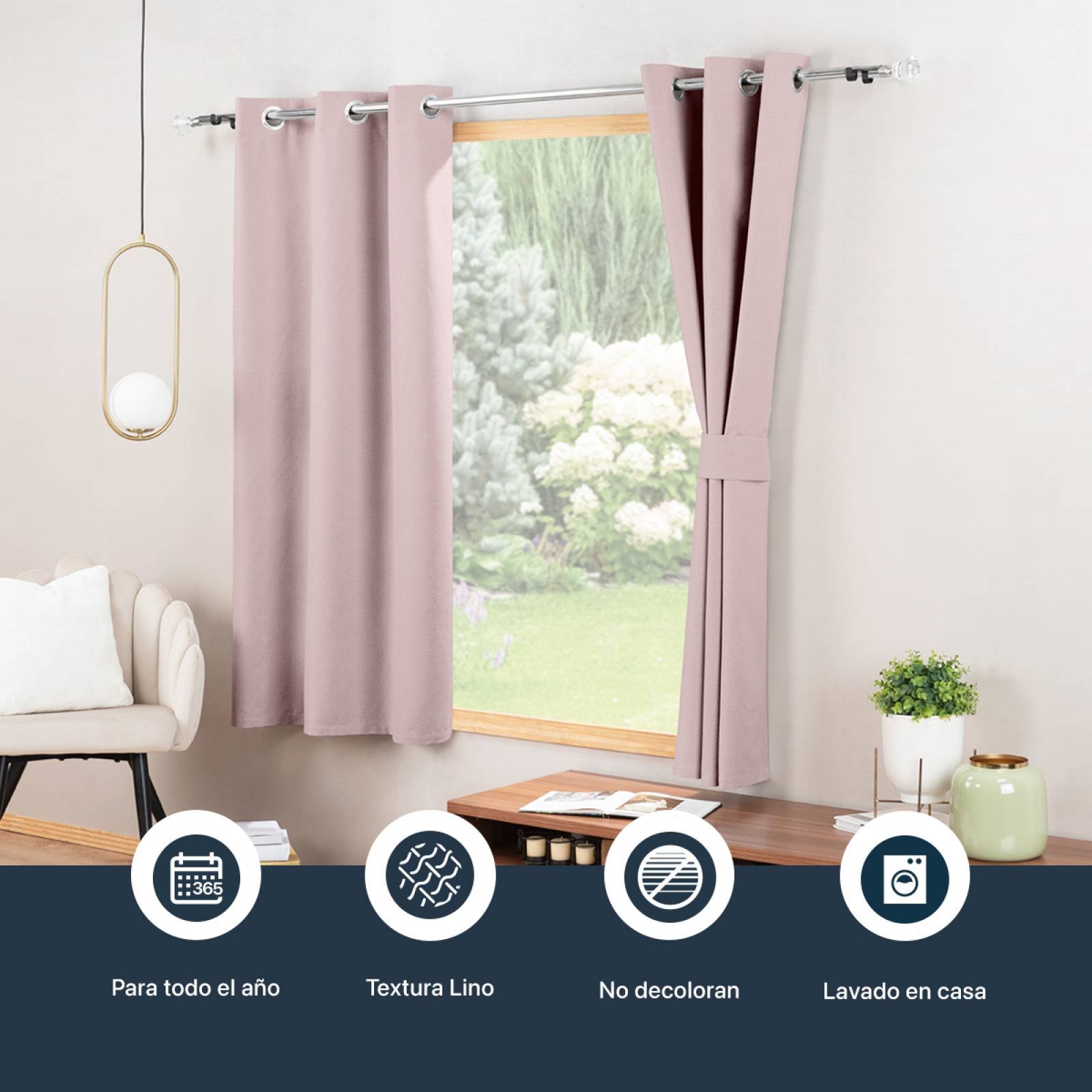 Cortinas 100% Blackout Textura Lino 2.14x1.60m Rosa ESQUIMAL