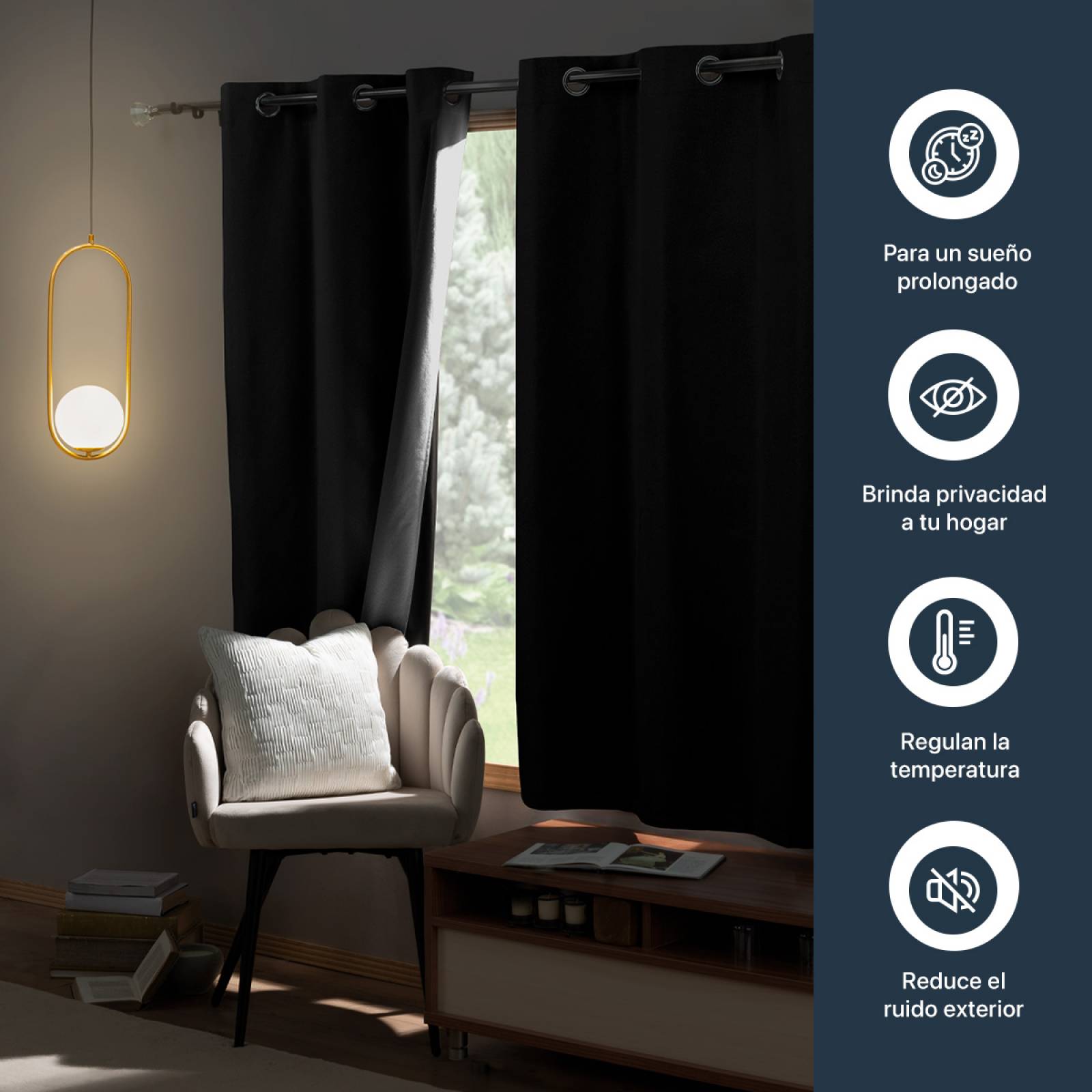 Cortinas 100% Blackout con Textura Lino 2.14x1.60m Negro ESQUIMAL