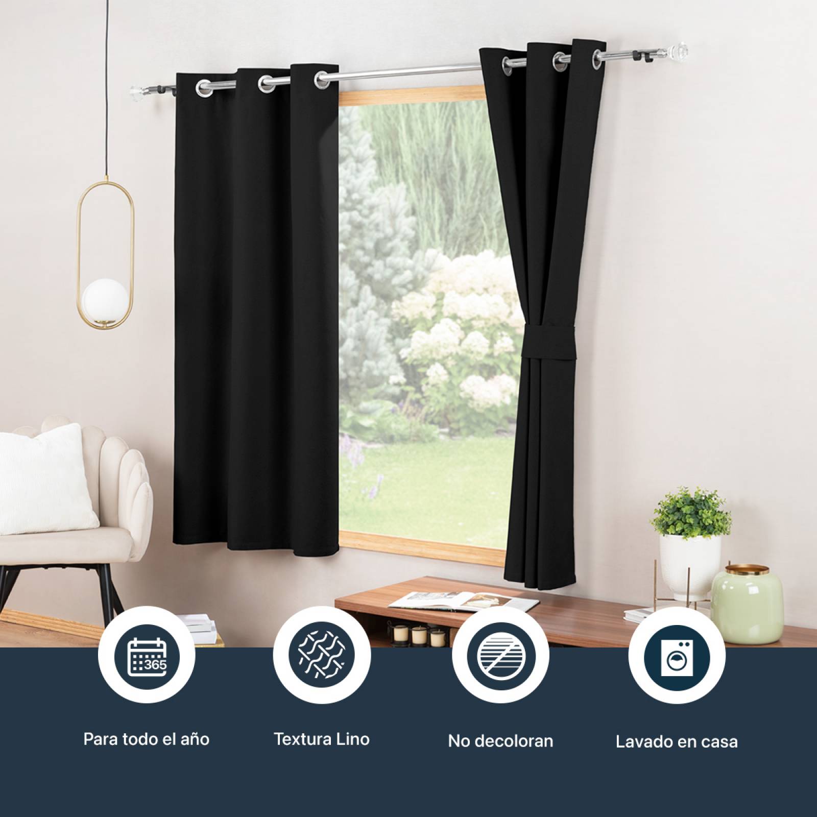 Cortinas 100% Blackout con Textura Lino 2.14x1.60m Negro ESQUIMAL