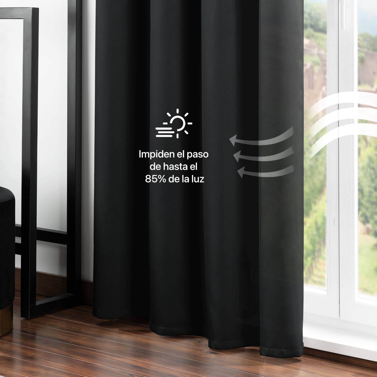 Cortina Blackout 2.74x2.13m - 2 Paneles Negro REAL TEXTIL