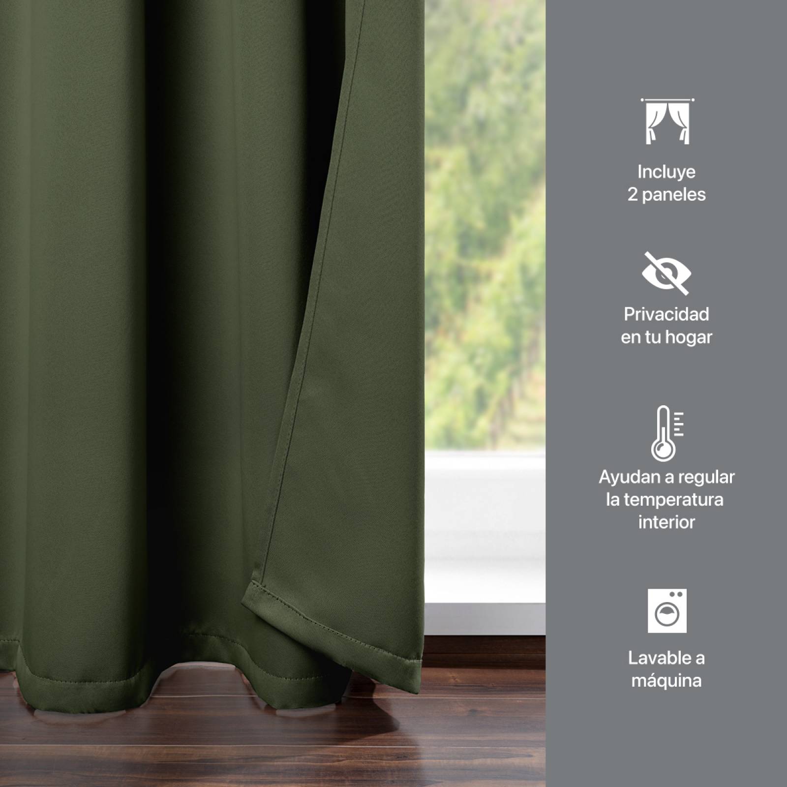 Cortina Blackout 2.74x2.13m - 2 Paneles Verde oliva REAL TEXTIL