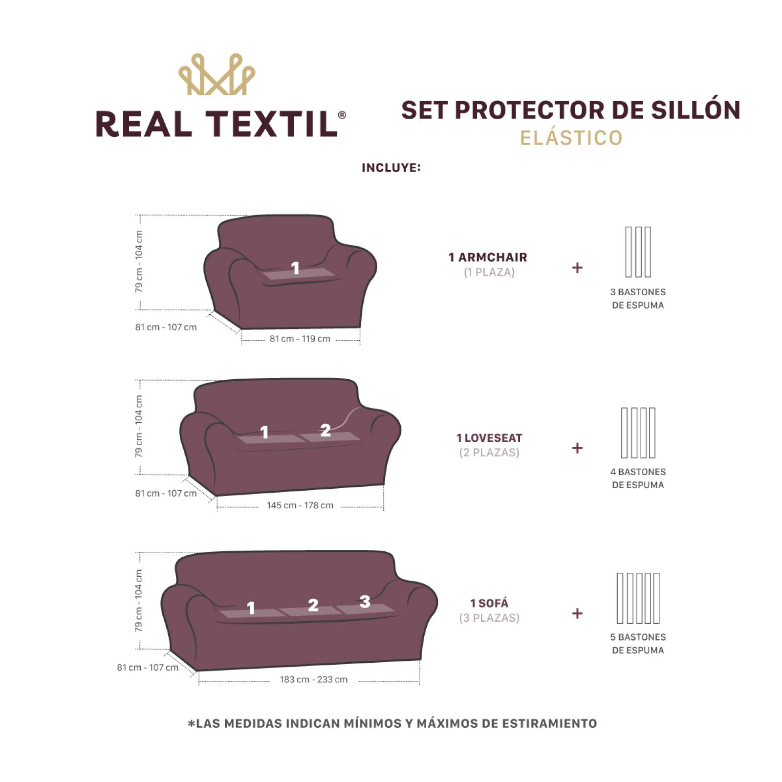 Protector De Sala Elástico 3 Piezas ( Ch- M- G) Gris Oxford Oscuro REAL TEXTIL