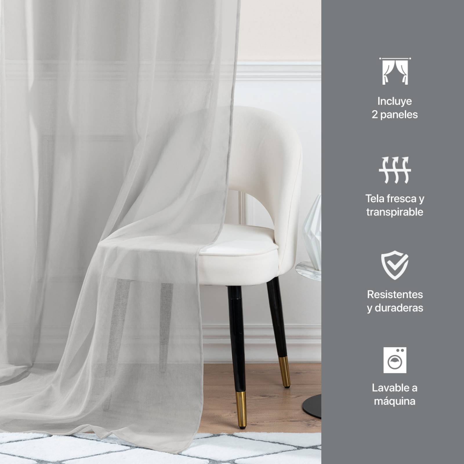 Cortina Translúcida 2.80 X 2.30m Con Argollas Gris claro REAL TEXTIL