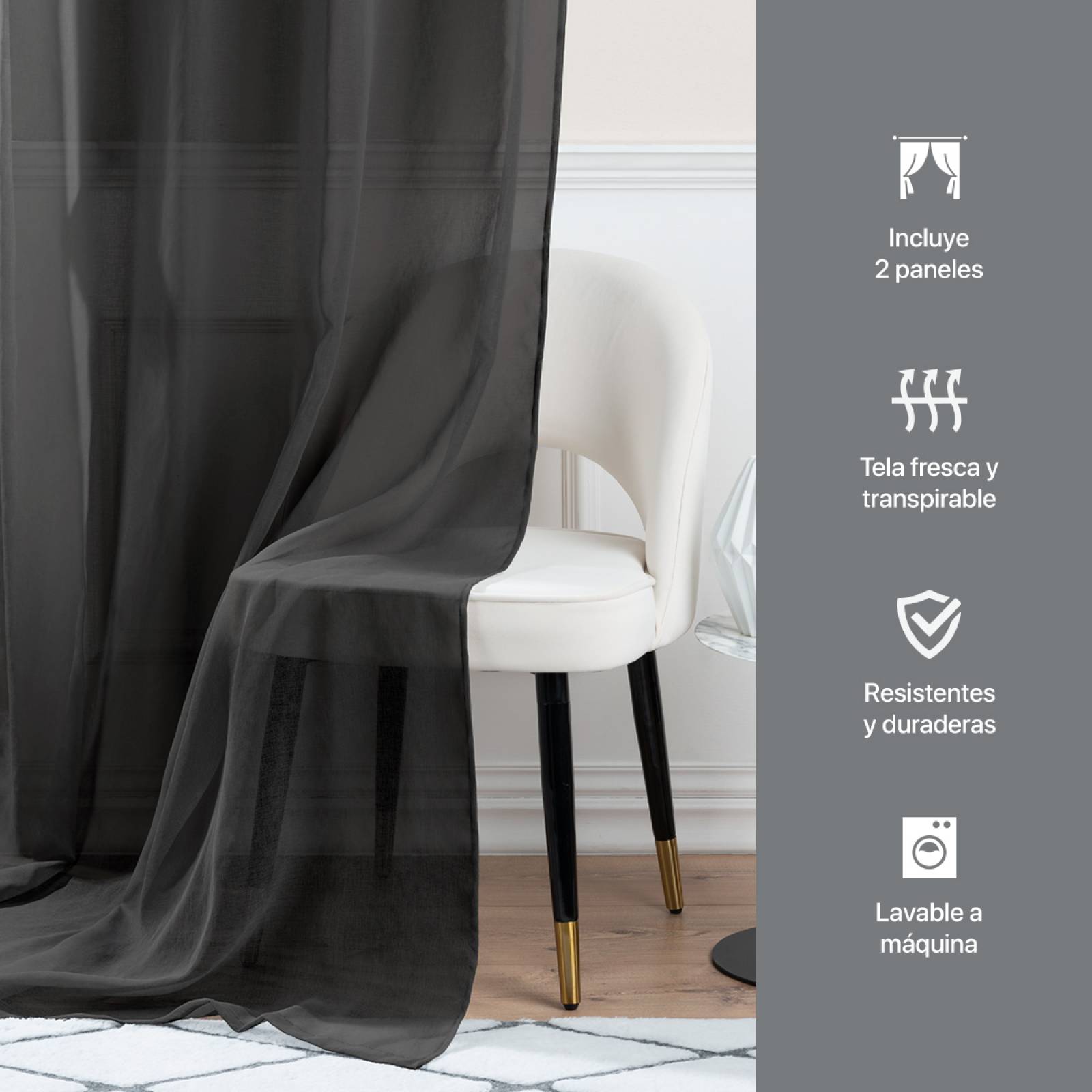 Cortina Translúcida 2.80 X 2.30m Con Argollas Negro REAL TEXTIL
