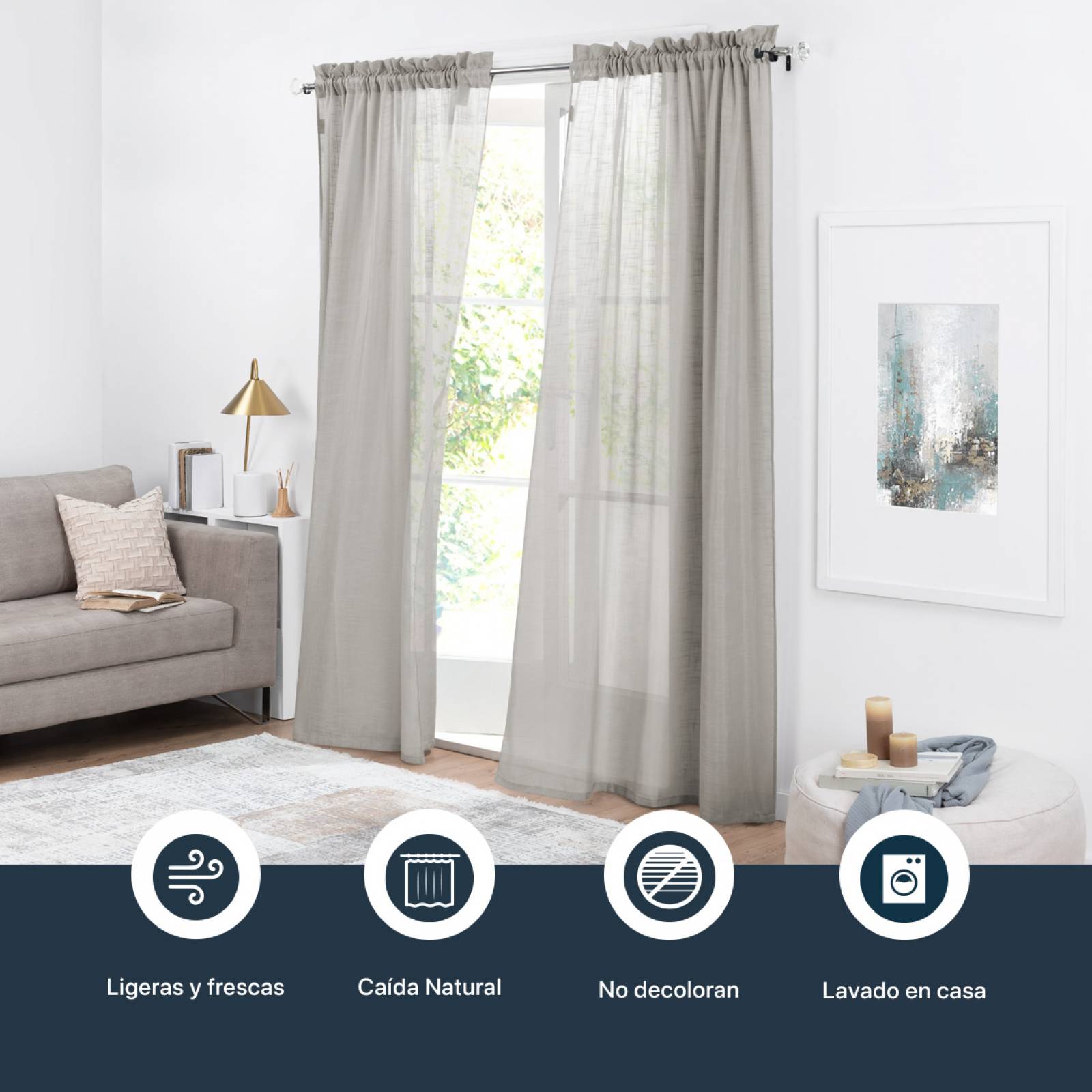 Cortina Translúcida Tipo Lino - 2.70m X 2.30m Gris claro ESQUIMAL