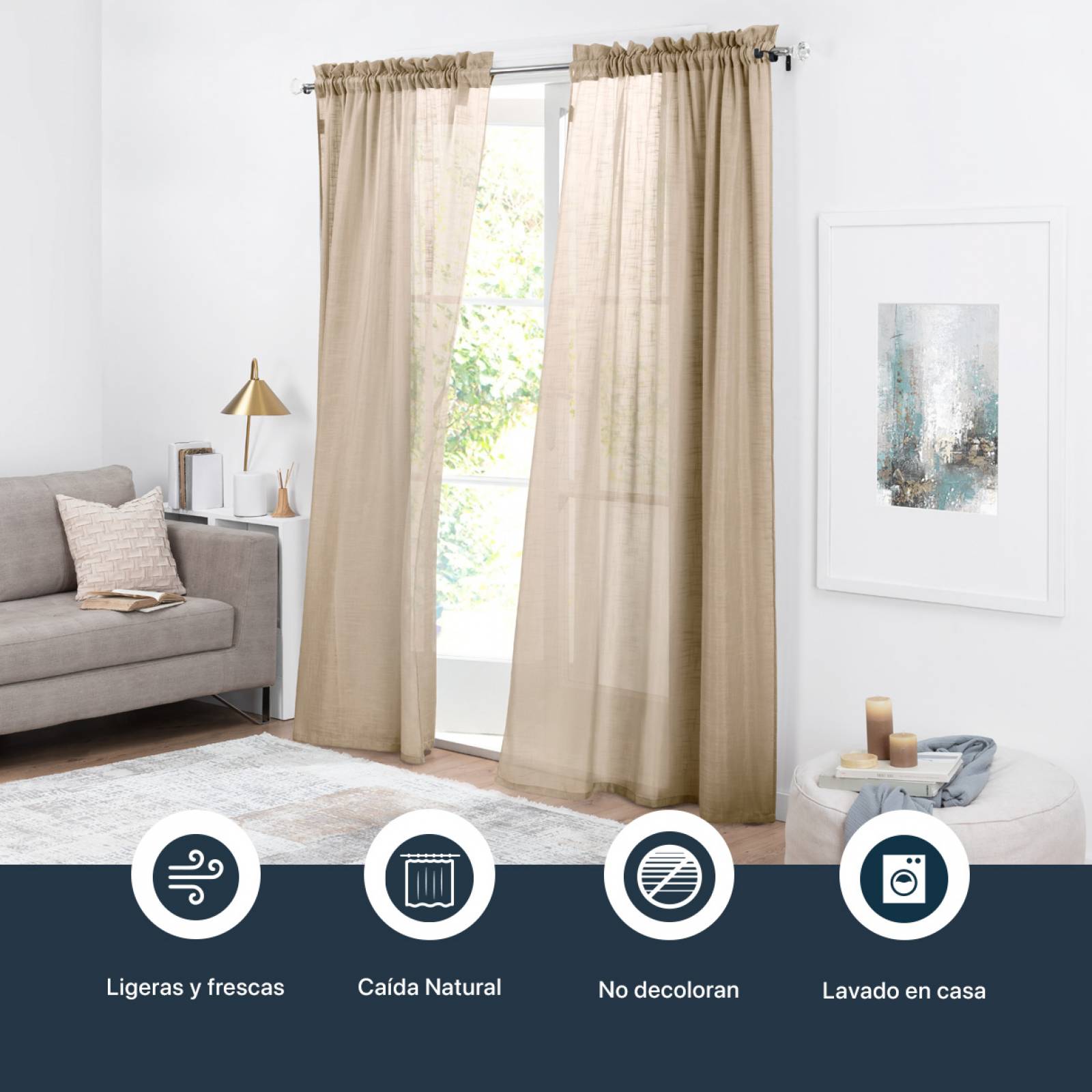 Cortina Translúcida Tipo Lino - 2.70m X 2.30m Khaki ESQUIMAL