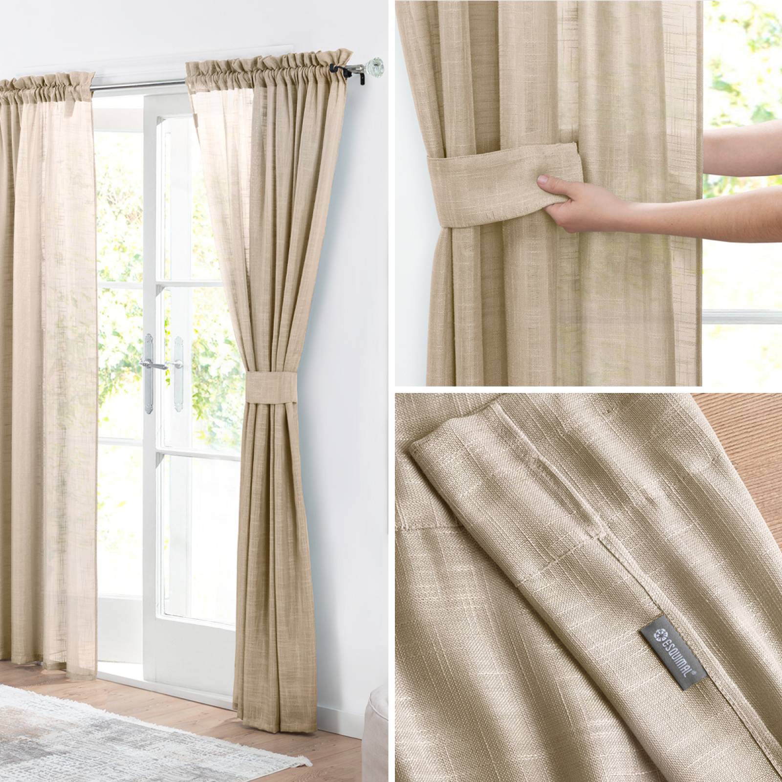 Panel de cortina con pestaña superior de lino en color beige arena